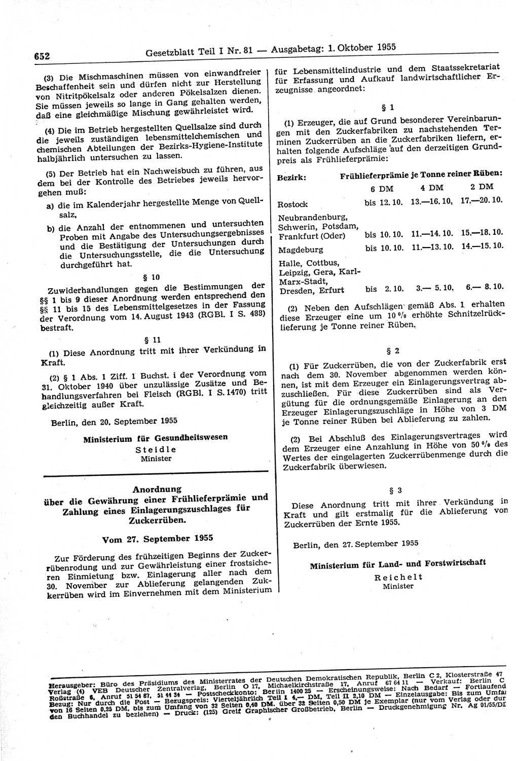 Gesetzblatt (GBl.) der Deutschen Demokratischen Republik (DDR) Teil Ⅰ 1955, Seite 652 (GBl. DDR Ⅰ 1955, S. 652)