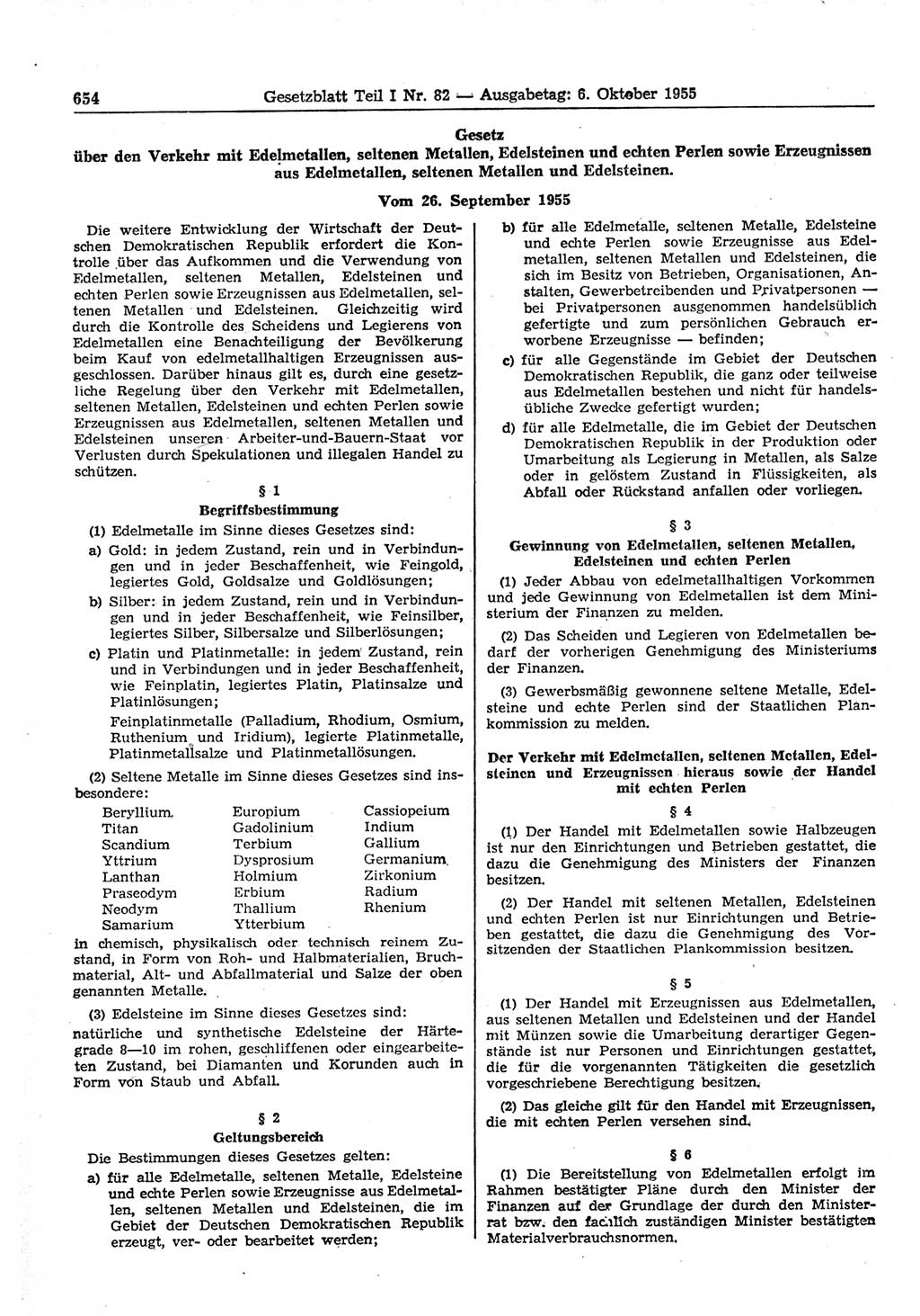 Gesetzblatt (GBl.) der Deutschen Demokratischen Republik (DDR) Teil Ⅰ 1955, Seite 654 (GBl. DDR Ⅰ 1955, S. 654)