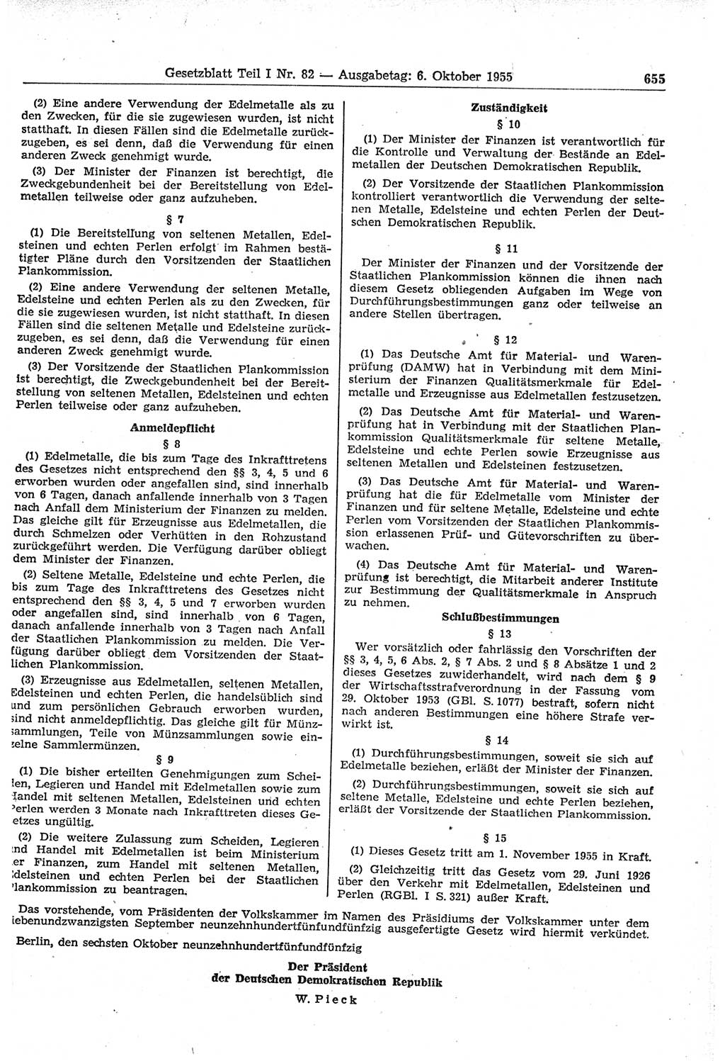 Gesetzblatt (GBl.) der Deutschen Demokratischen Republik (DDR) Teil Ⅰ 1955, Seite 655 (GBl. DDR Ⅰ 1955, S. 655)