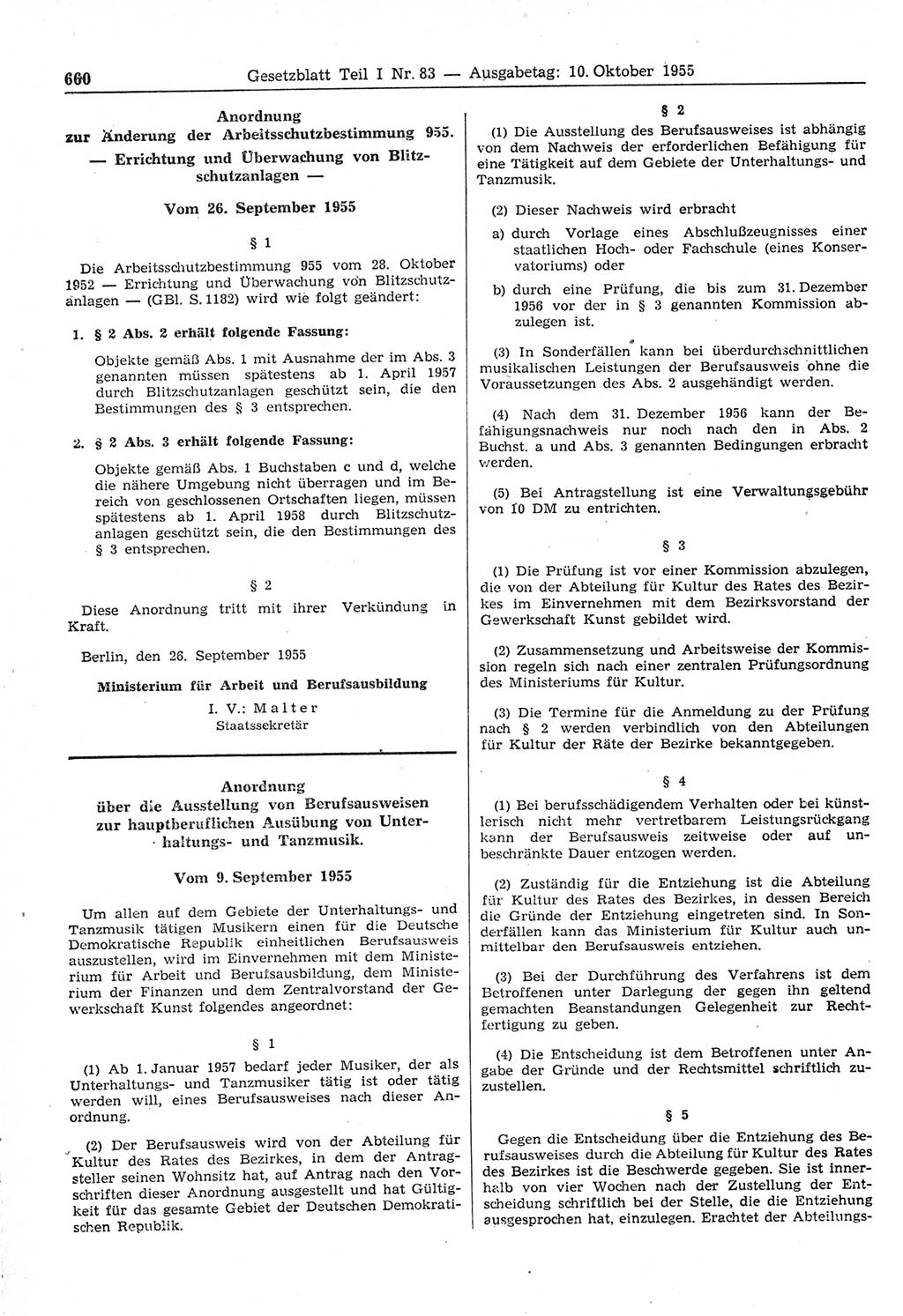 Gesetzblatt (GBl.) der Deutschen Demokratischen Republik (DDR) Teil Ⅰ 1955, Seite 660 (GBl. DDR Ⅰ 1955, S. 660)