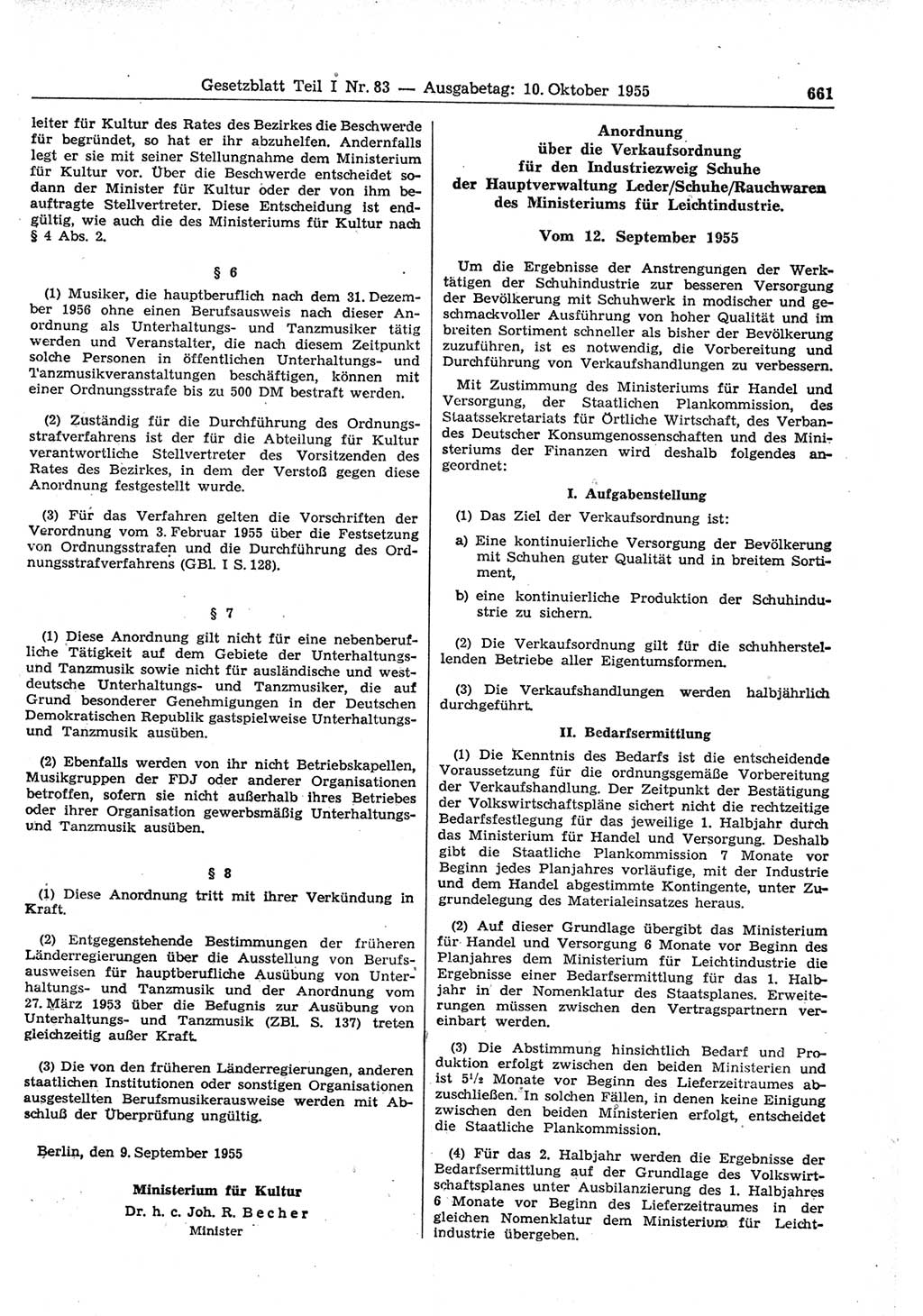 Gesetzblatt (GBl.) der Deutschen Demokratischen Republik (DDR) Teil Ⅰ 1955, Seite 661 (GBl. DDR Ⅰ 1955, S. 661)