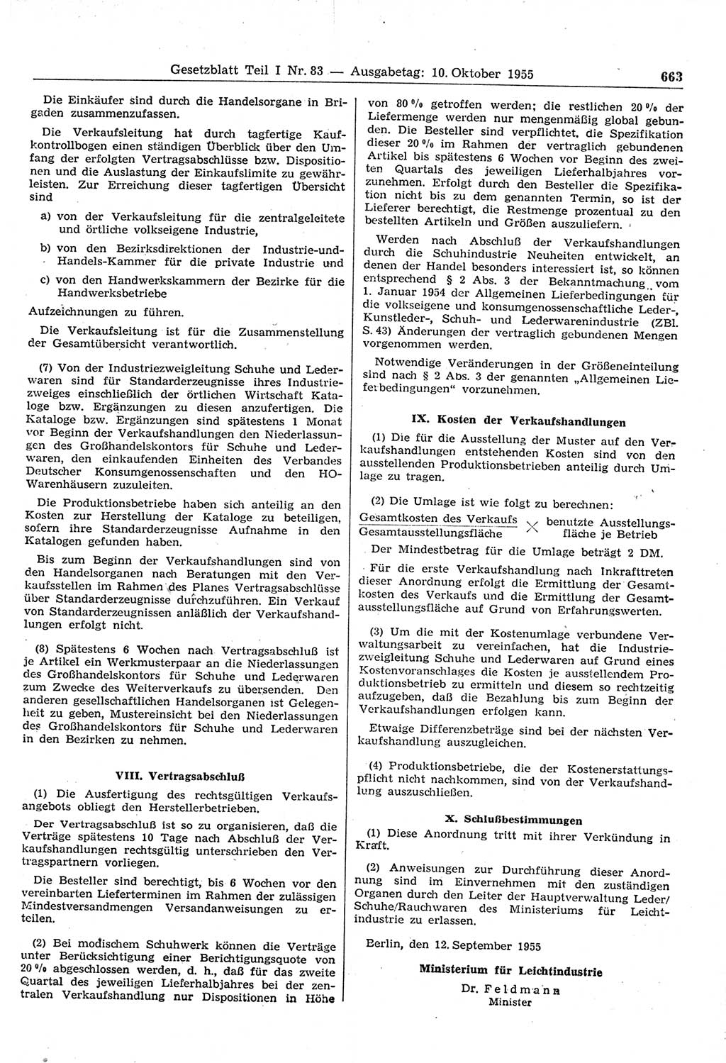 Gesetzblatt (GBl.) der Deutschen Demokratischen Republik (DDR) Teil Ⅰ 1955, Seite 663 (GBl. DDR Ⅰ 1955, S. 663)
