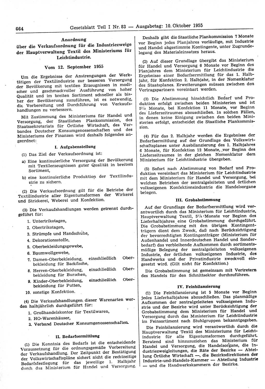 Gesetzblatt (GBl.) der Deutschen Demokratischen Republik (DDR) Teil Ⅰ 1955, Seite 664 (GBl. DDR Ⅰ 1955, S. 664)