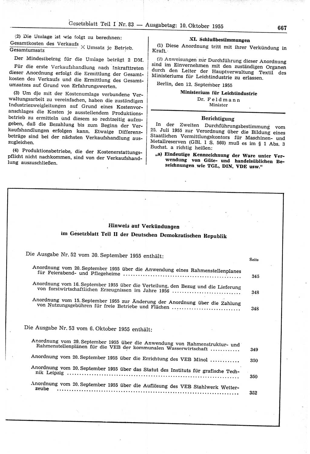Gesetzblatt (GBl.) der Deutschen Demokratischen Republik (DDR) Teil Ⅰ 1955, Seite 667 (GBl. DDR Ⅰ 1955, S. 667)