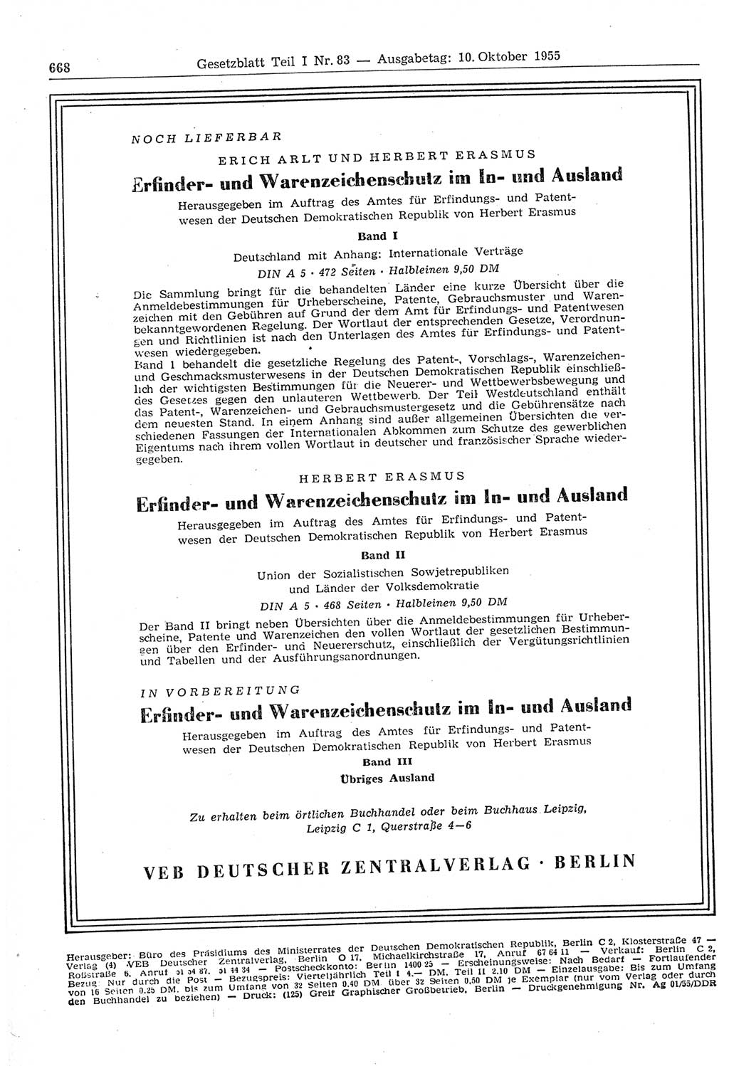 Gesetzblatt (GBl.) der Deutschen Demokratischen Republik (DDR) Teil Ⅰ 1955, Seite 668 (GBl. DDR Ⅰ 1955, S. 668)