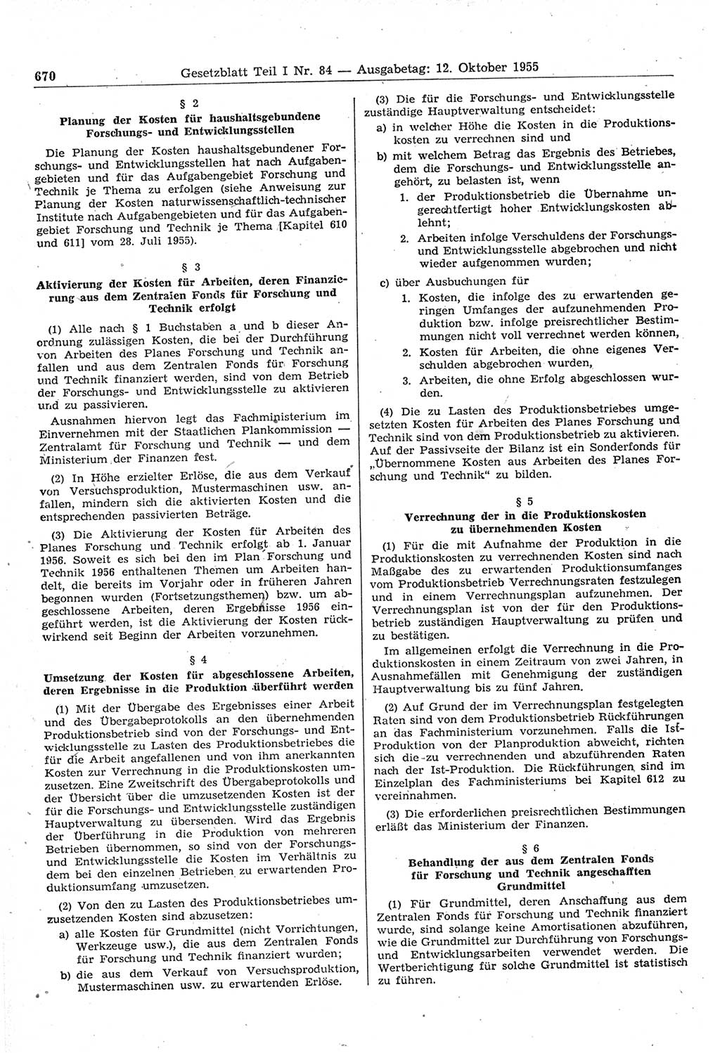 Gesetzblatt (GBl.) der Deutschen Demokratischen Republik (DDR) Teil Ⅰ 1955, Seite 670 (GBl. DDR Ⅰ 1955, S. 670)
