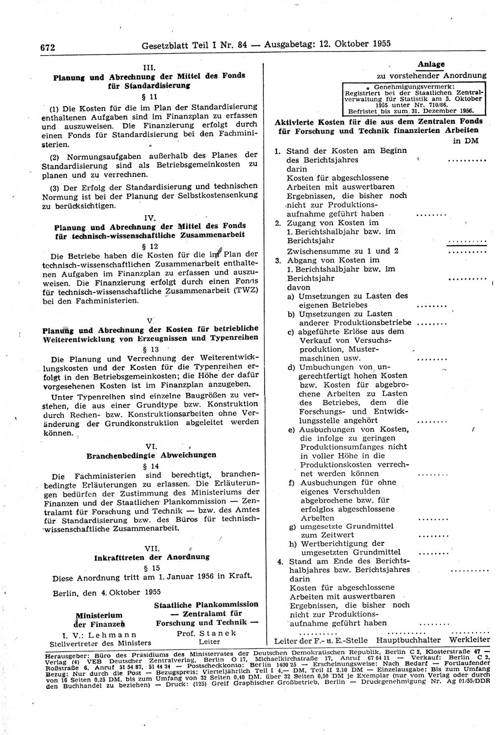Gesetzblatt (GBl.) der Deutschen Demokratischen Republik (DDR) Teil Ⅰ 1955, Seite 672 (GBl. DDR Ⅰ 1955, S. 672)