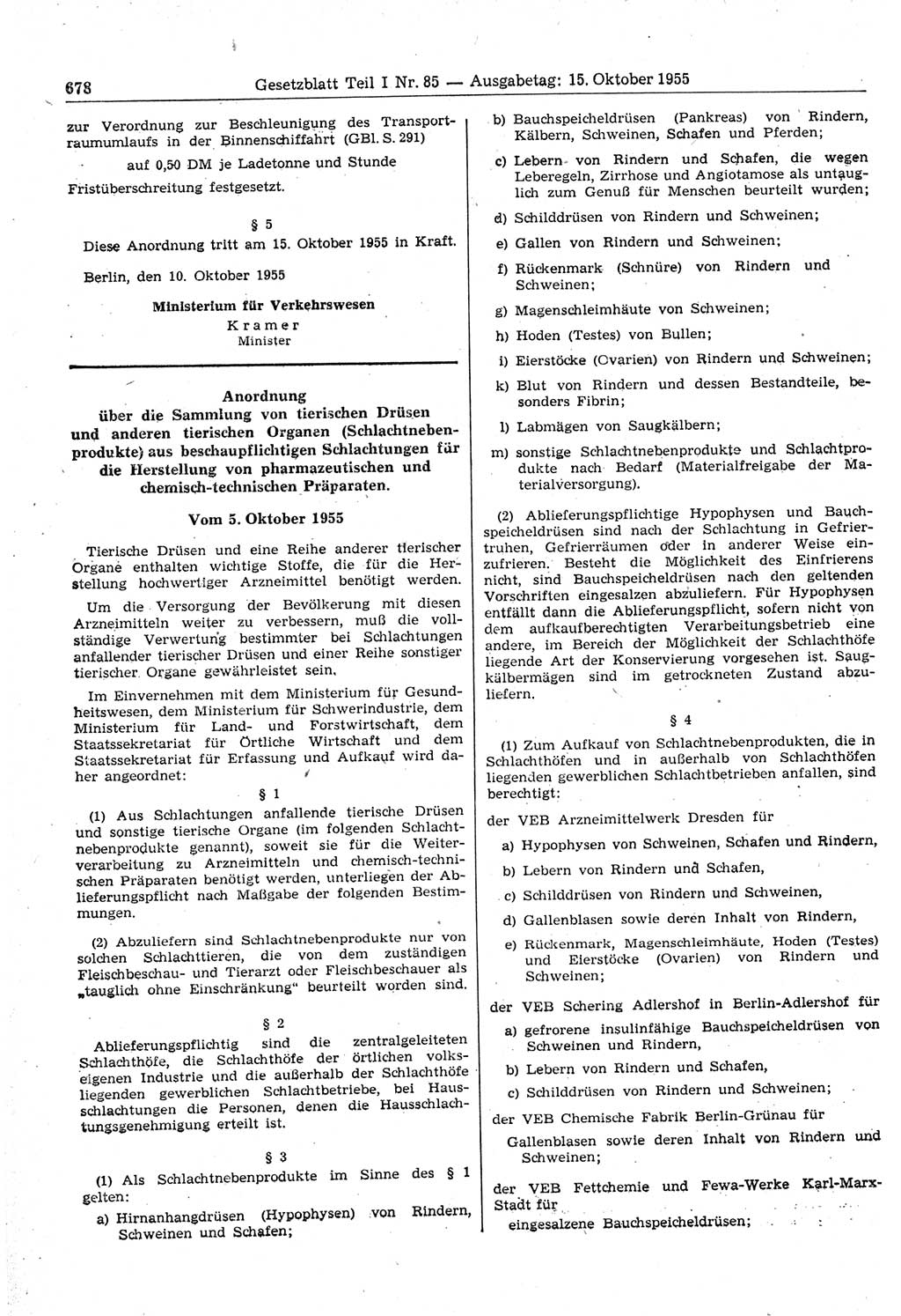 Gesetzblatt (GBl.) der Deutschen Demokratischen Republik (DDR) Teil Ⅰ 1955, Seite 678 (GBl. DDR Ⅰ 1955, S. 678)