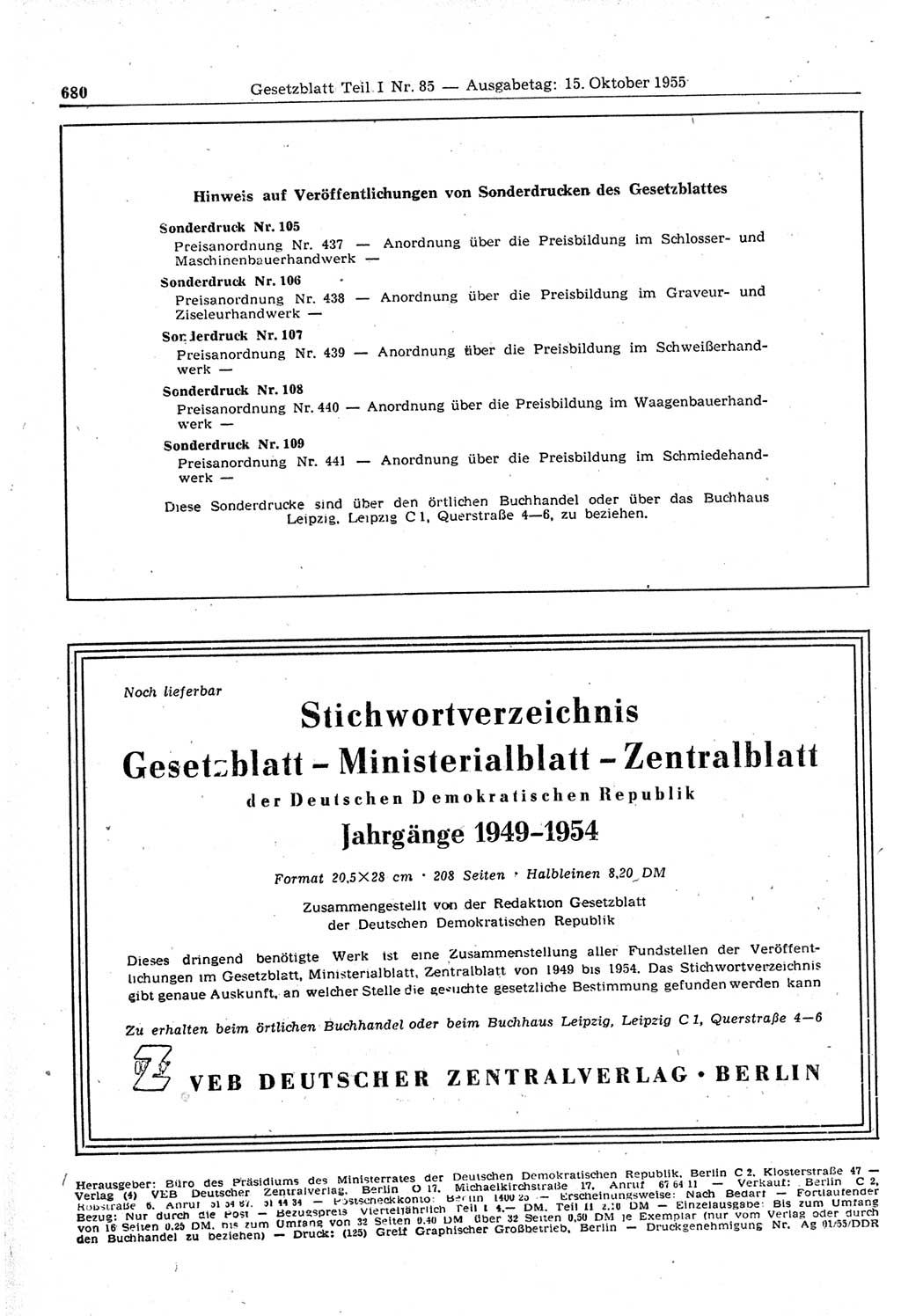 Gesetzblatt (GBl.) der Deutschen Demokratischen Republik (DDR) Teil Ⅰ 1955, Seite 680 (GBl. DDR Ⅰ 1955, S. 680)