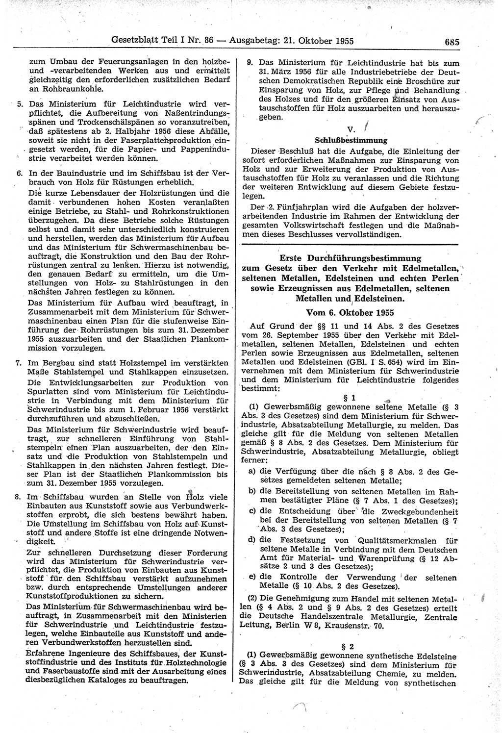 Gesetzblatt (GBl.) der Deutschen Demokratischen Republik (DDR) Teil Ⅰ 1955, Seite 685 (GBl. DDR Ⅰ 1955, S. 685)