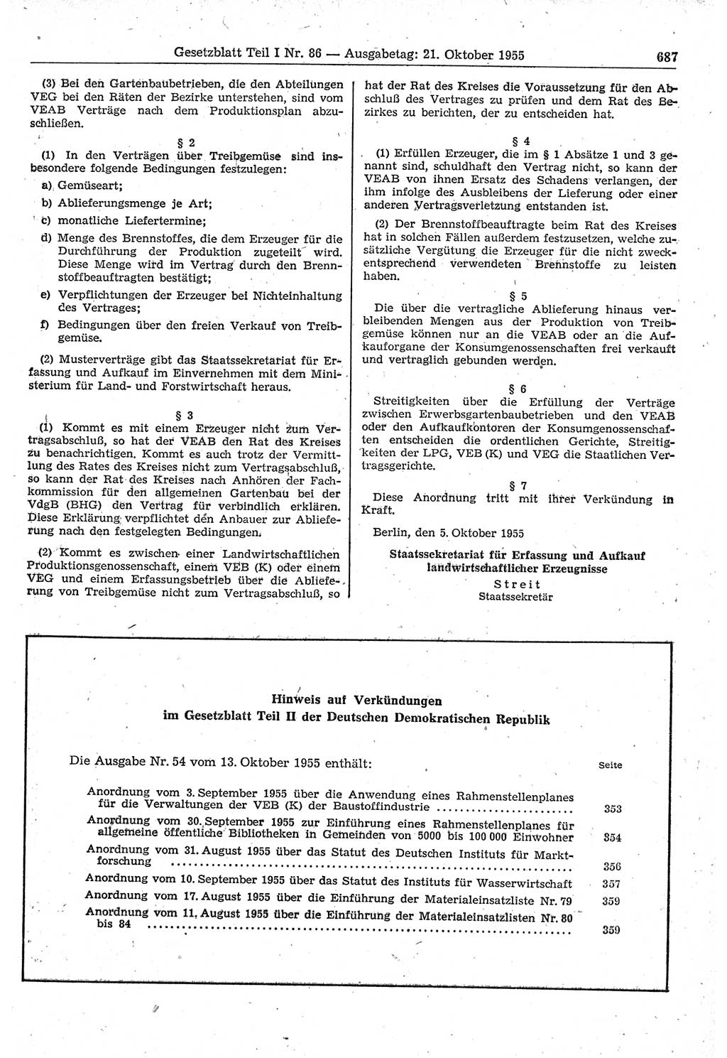 Gesetzblatt (GBl.) der Deutschen Demokratischen Republik (DDR) Teil Ⅰ 1955, Seite 687 (GBl. DDR Ⅰ 1955, S. 687)