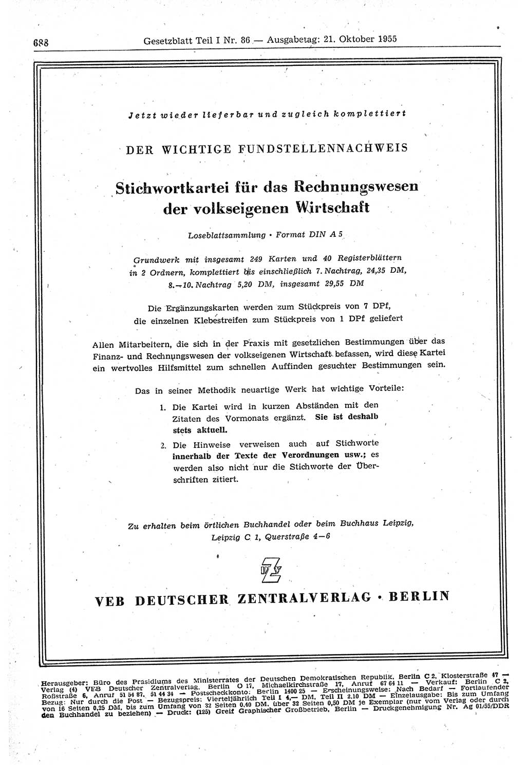 Gesetzblatt (GBl.) der Deutschen Demokratischen Republik (DDR) Teil Ⅰ 1955, Seite 688 (GBl. DDR Ⅰ 1955, S. 688)
