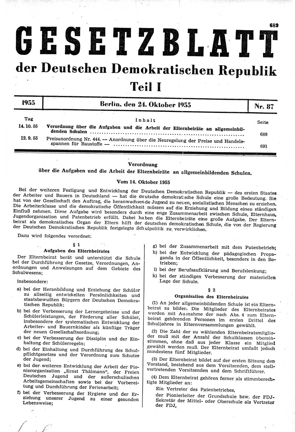 Gesetzblatt (GBl.) der Deutschen Demokratischen Republik (DDR) Teil Ⅰ 1955, Seite 689 (GBl. DDR Ⅰ 1955, S. 689)