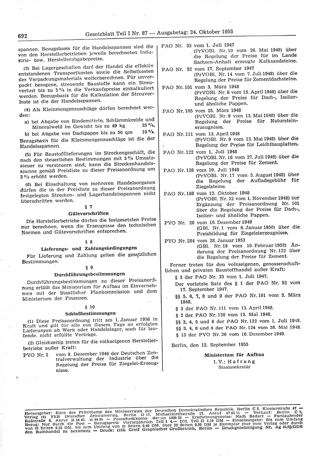 Gesetzblatt (GBl.) der Deutschen Demokratischen Republik (DDR) Teil Ⅰ 1955, Seite 692 (GBl. DDR Ⅰ 1955, S. 692)