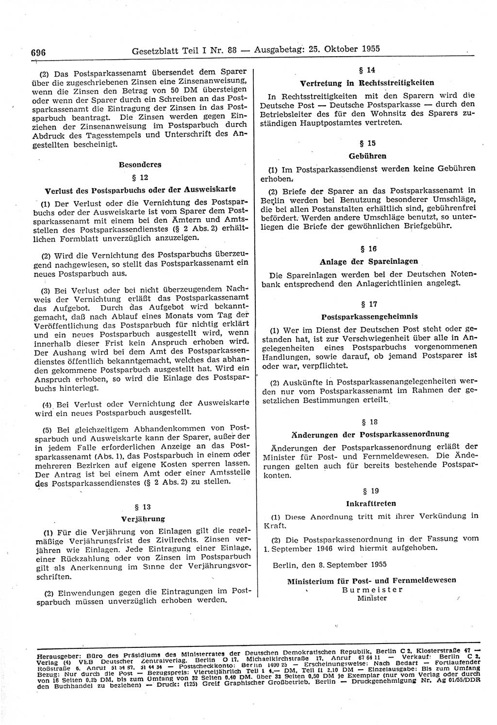 Gesetzblatt (GBl.) der Deutschen Demokratischen Republik (DDR) Teil Ⅰ 1955, Seite 696 (GBl. DDR Ⅰ 1955, S. 696)