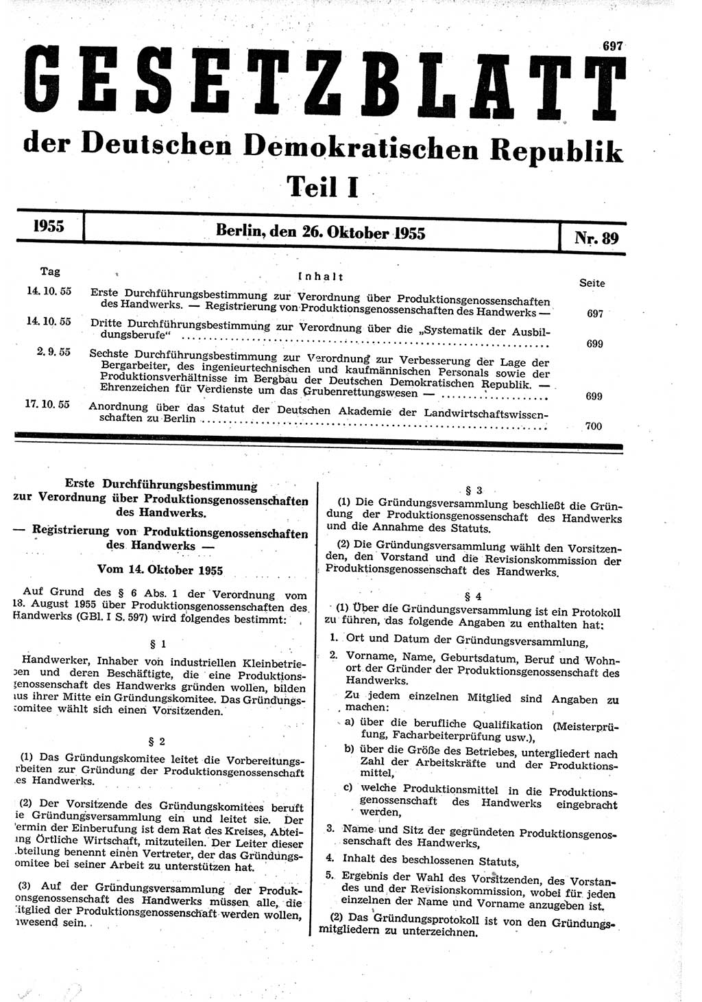 Gesetzblatt (GBl.) der Deutschen Demokratischen Republik (DDR) Teil Ⅰ 1955, Seite 697 (GBl. DDR Ⅰ 1955, S. 697)