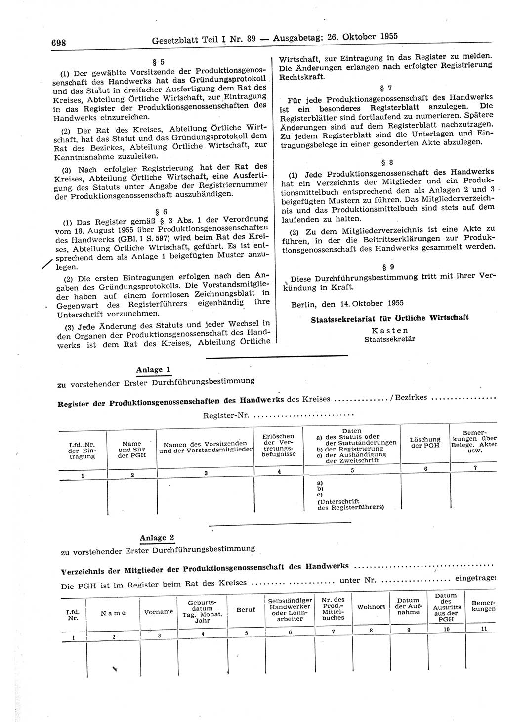 Gesetzblatt (GBl.) der Deutschen Demokratischen Republik (DDR) Teil Ⅰ 1955, Seite 698 (GBl. DDR Ⅰ 1955, S. 698)