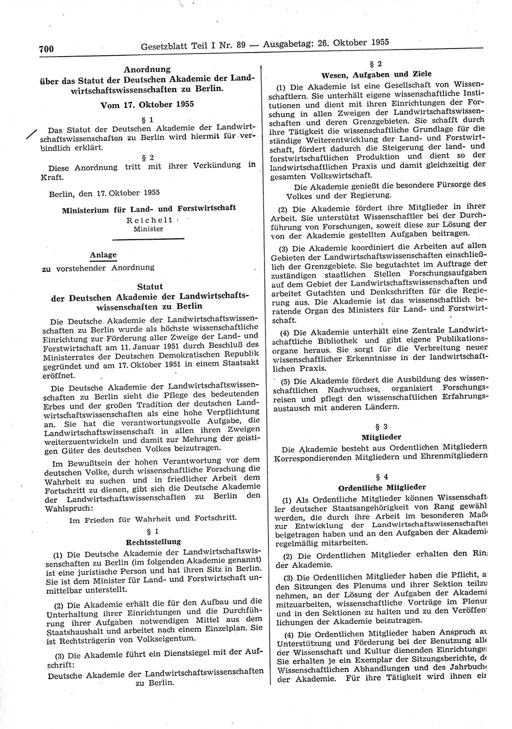 Gesetzblatt (GBl.) der Deutschen Demokratischen Republik (DDR) Teil Ⅰ 1955, Seite 700 (GBl. DDR Ⅰ 1955, S. 700)