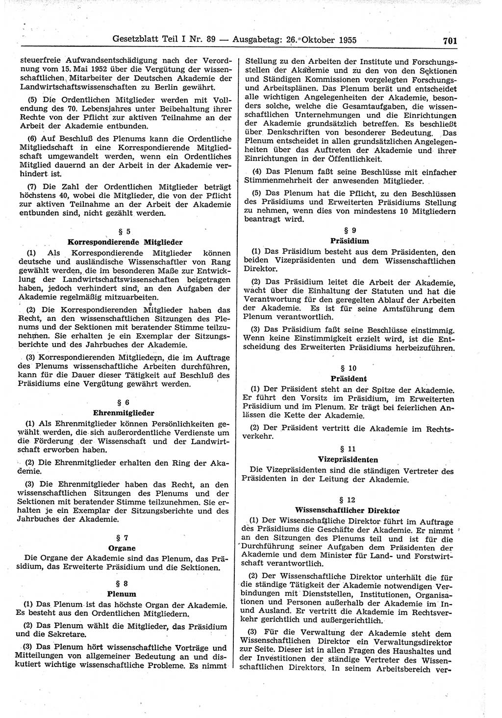 Gesetzblatt (GBl.) der Deutschen Demokratischen Republik (DDR) Teil Ⅰ 1955, Seite 701 (GBl. DDR Ⅰ 1955, S. 701)