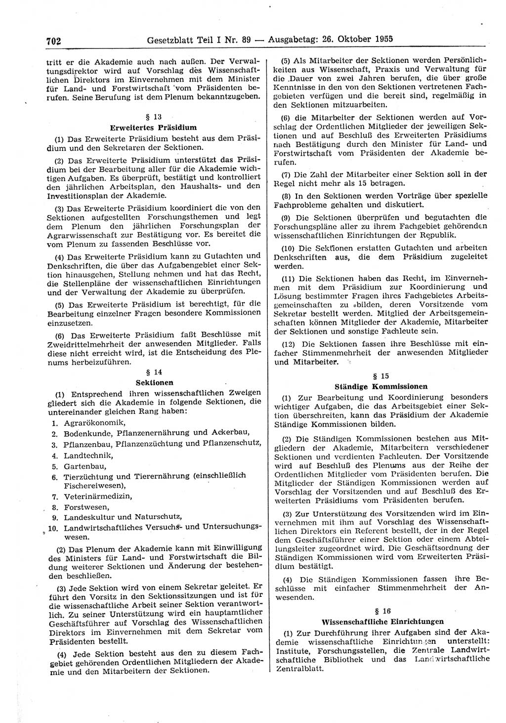 Gesetzblatt (GBl.) der Deutschen Demokratischen Republik (DDR) Teil Ⅰ 1955, Seite 702 (GBl. DDR Ⅰ 1955, S. 702)