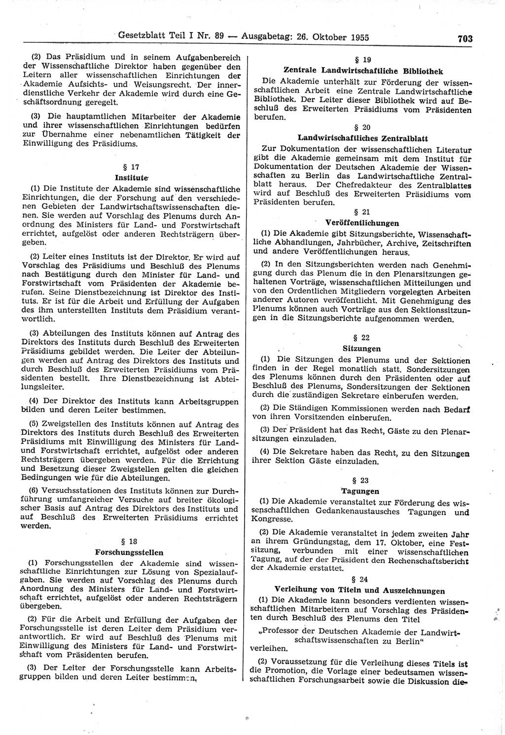 Gesetzblatt (GBl.) der Deutschen Demokratischen Republik (DDR) Teil Ⅰ 1955, Seite 703 (GBl. DDR Ⅰ 1955, S. 703)