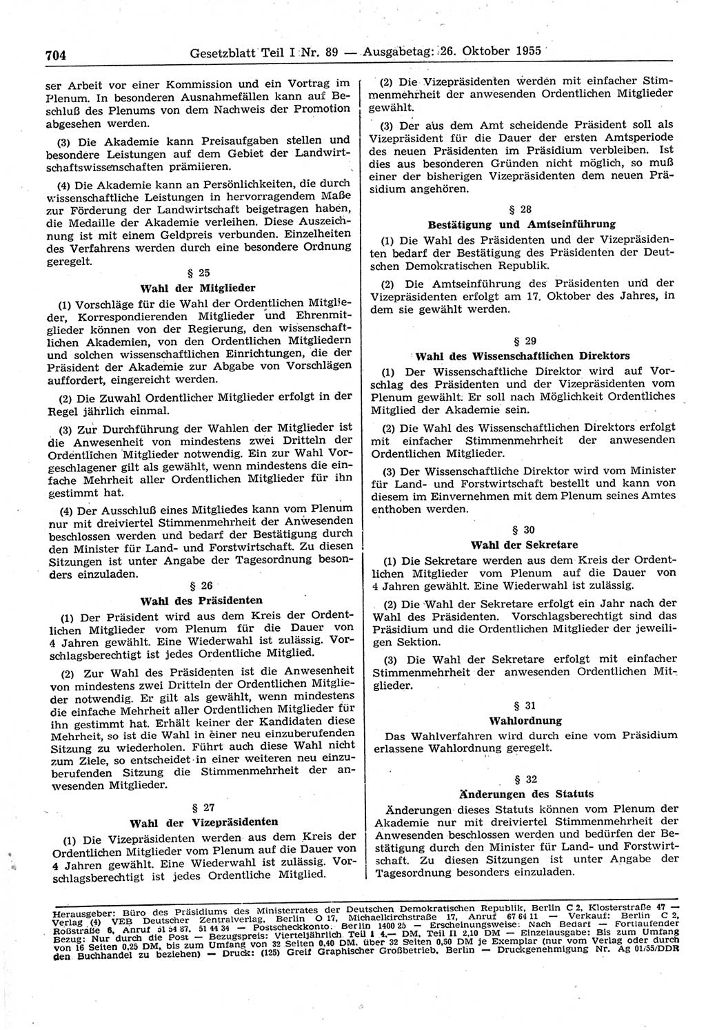 Gesetzblatt (GBl.) der Deutschen Demokratischen Republik (DDR) Teil Ⅰ 1955, Seite 704 (GBl. DDR Ⅰ 1955, S. 704)