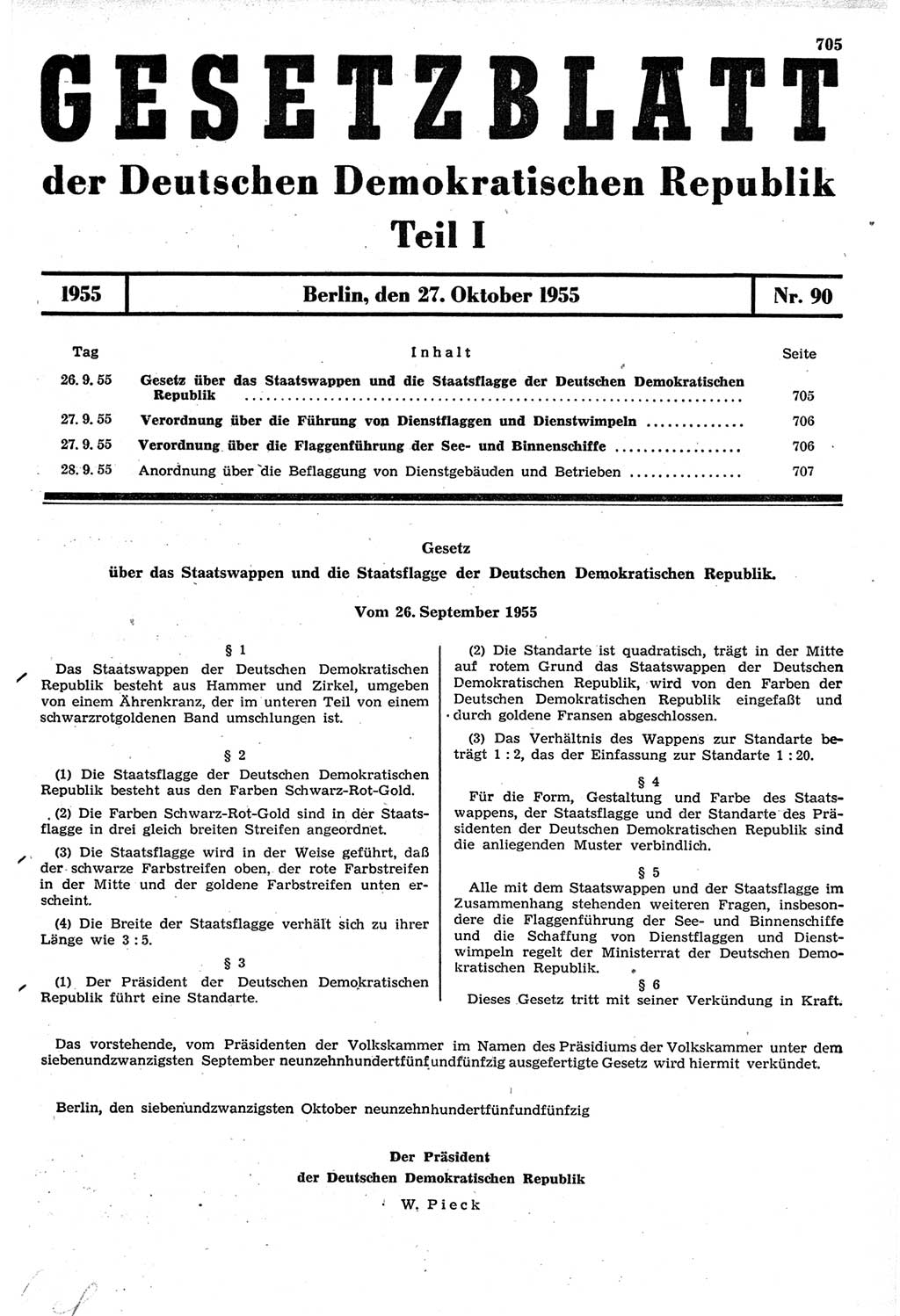 Gesetzblatt (GBl.) der Deutschen Demokratischen Republik (DDR) Teil Ⅰ 1955, Seite 705 (GBl. DDR Ⅰ 1955, S. 705)