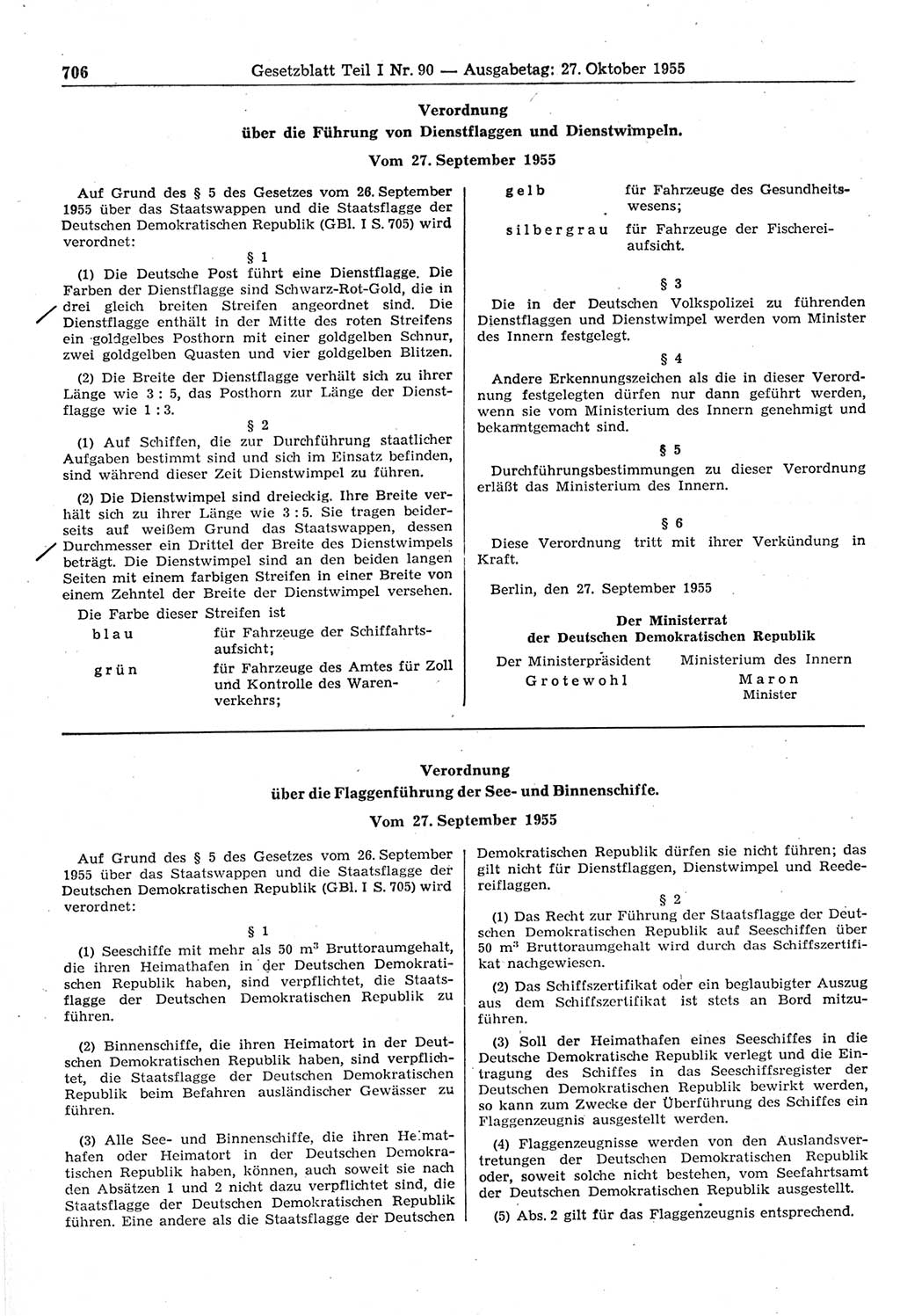 Gesetzblatt (GBl.) der Deutschen Demokratischen Republik (DDR) Teil Ⅰ 1955, Seite 706 (GBl. DDR Ⅰ 1955, S. 706)