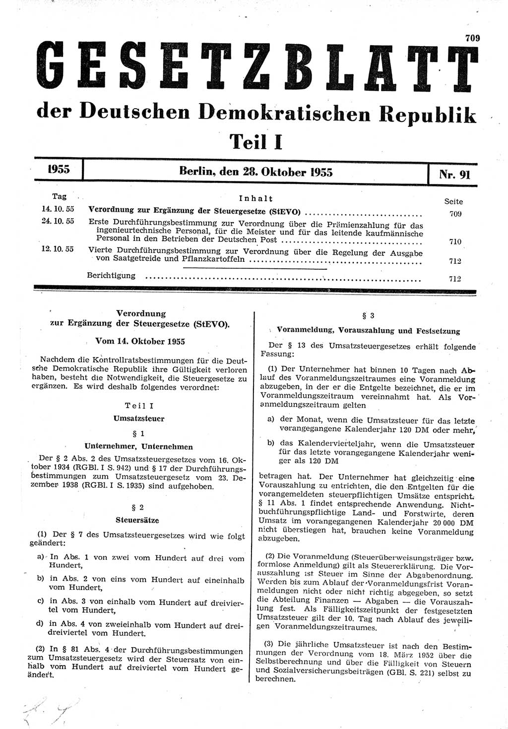 Gesetzblatt (GBl.) der Deutschen Demokratischen Republik (DDR) Teil Ⅰ 1955, Seite 709 (GBl. DDR Ⅰ 1955, S. 709)