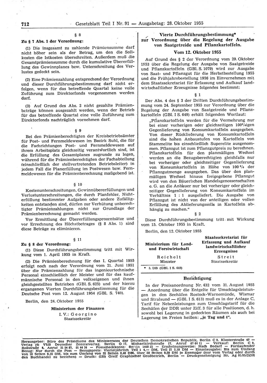 Gesetzblatt (GBl.) der Deutschen Demokratischen Republik (DDR) Teil Ⅰ 1955, Seite 712 (GBl. DDR Ⅰ 1955, S. 712)