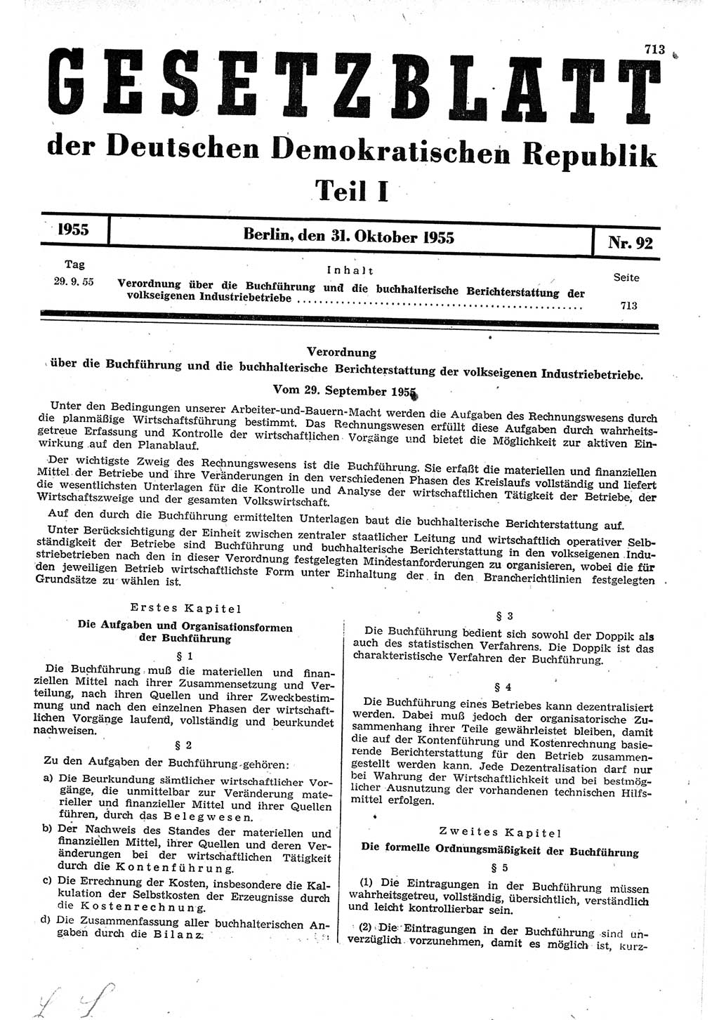 Gesetzblatt (GBl.) der Deutschen Demokratischen Republik (DDR) Teil Ⅰ 1955, Seite 713 (GBl. DDR Ⅰ 1955, S. 713)