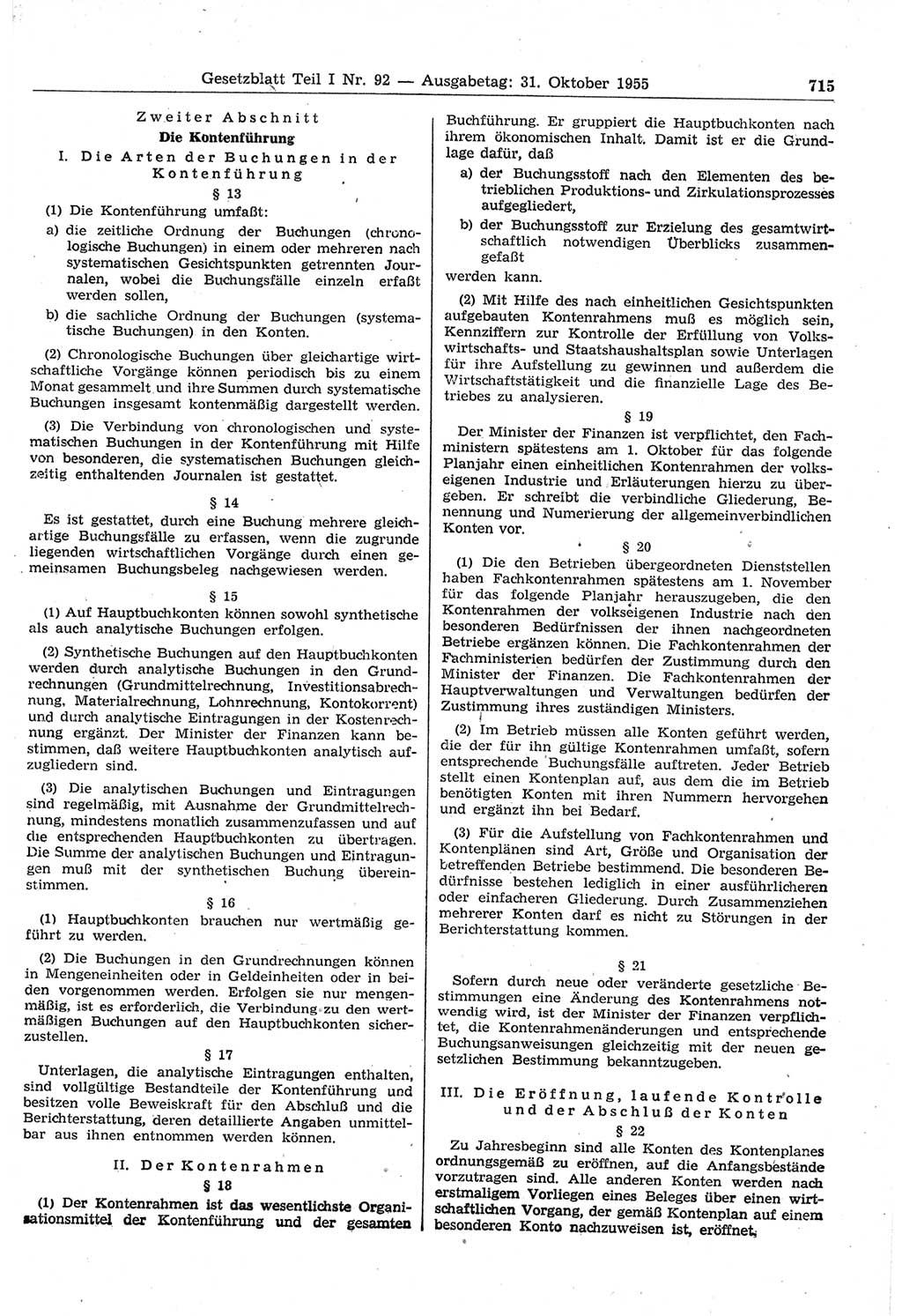 Gesetzblatt (GBl.) der Deutschen Demokratischen Republik (DDR) Teil Ⅰ 1955, Seite 715 (GBl. DDR Ⅰ 1955, S. 715)