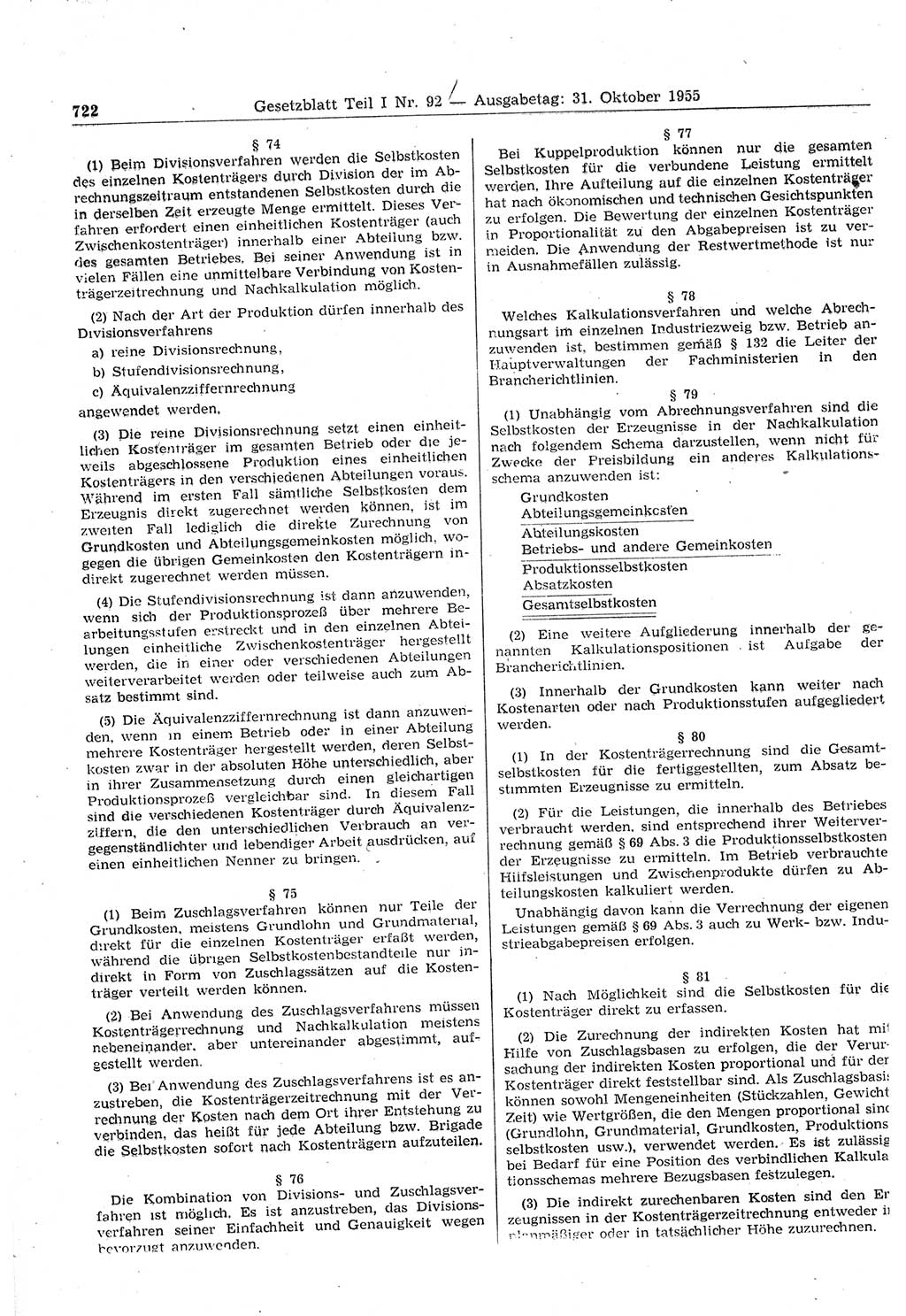 Gesetzblatt (GBl.) der Deutschen Demokratischen Republik (DDR) Teil Ⅰ 1955, Seite 722 (GBl. DDR Ⅰ 1955, S. 722)