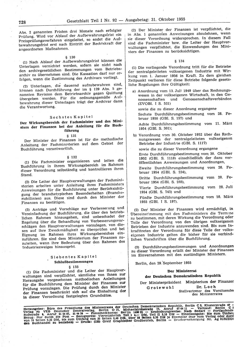 Gesetzblatt (GBl.) der Deutschen Demokratischen Republik (DDR) Teil Ⅰ 1955, Seite 728 (GBl. DDR Ⅰ 1955, S. 728)