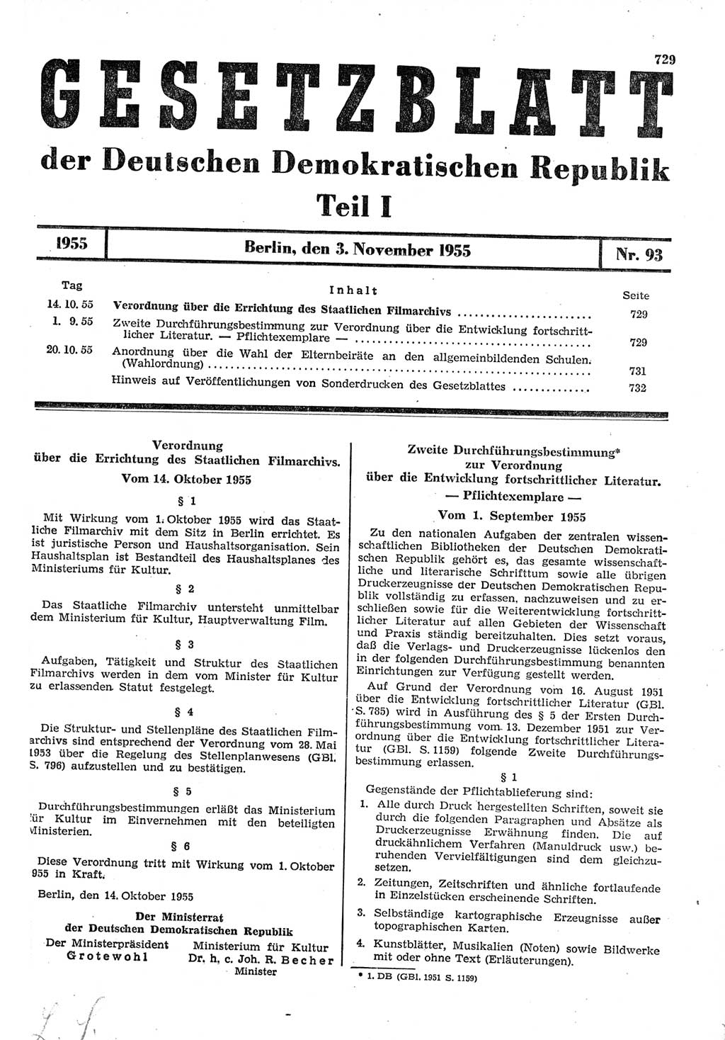Gesetzblatt (GBl.) der Deutschen Demokratischen Republik (DDR) Teil Ⅰ 1955, Seite 729 (GBl. DDR Ⅰ 1955, S. 729)