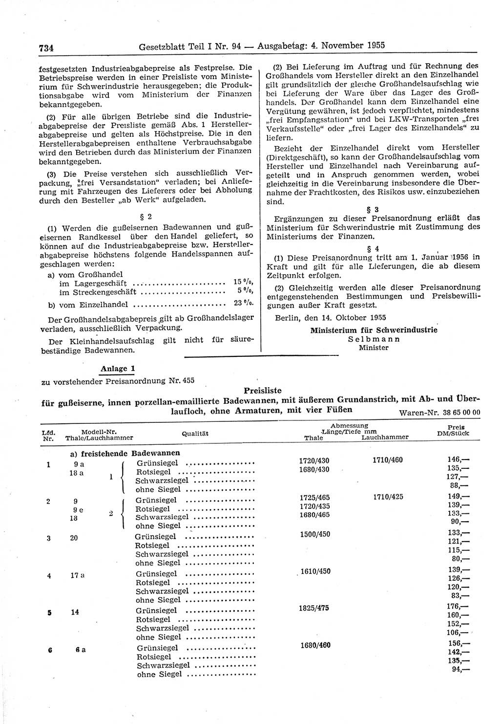 Gesetzblatt (GBl.) der Deutschen Demokratischen Republik (DDR) Teil Ⅰ 1955, Seite 734 (GBl. DDR Ⅰ 1955, S. 734)