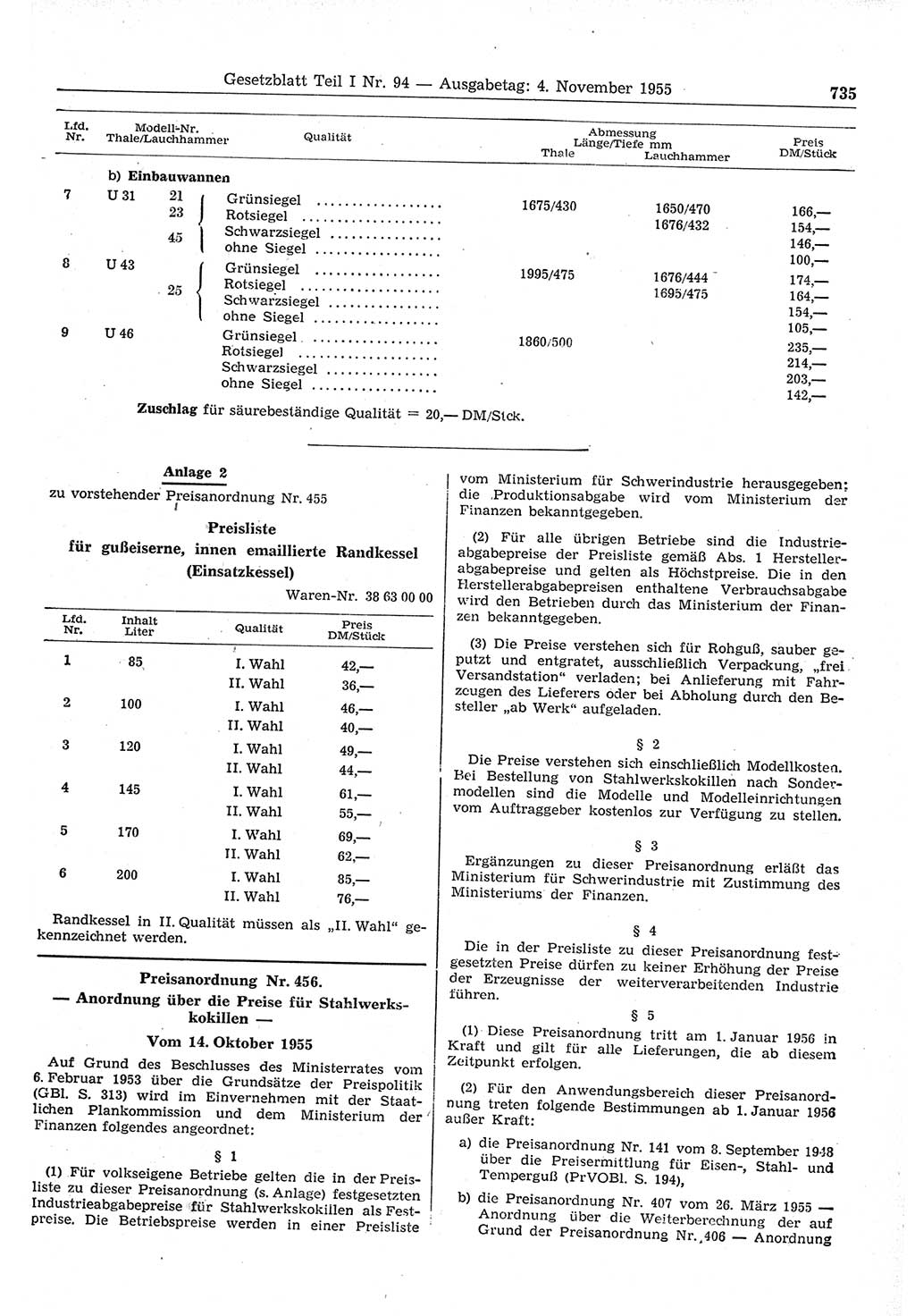 Gesetzblatt (GBl.) der Deutschen Demokratischen Republik (DDR) Teil Ⅰ 1955, Seite 735 (GBl. DDR Ⅰ 1955, S. 735)