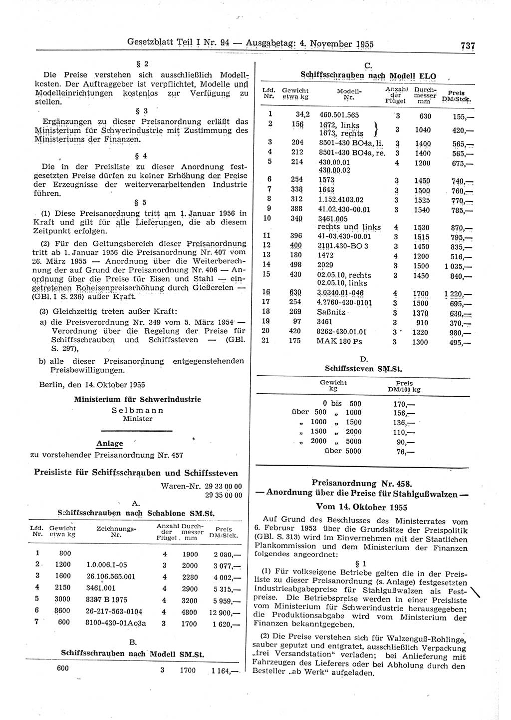Gesetzblatt (GBl.) der Deutschen Demokratischen Republik (DDR) Teil Ⅰ 1955, Seite 737 (GBl. DDR Ⅰ 1955, S. 737)
