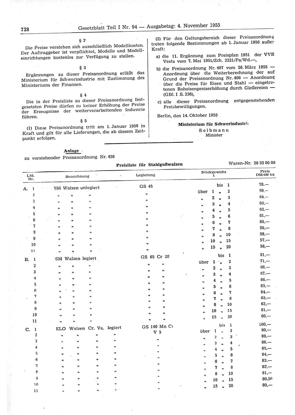 Gesetzblatt (GBl.) der Deutschen Demokratischen Republik (DDR) Teil Ⅰ 1955, Seite 738 (GBl. DDR Ⅰ 1955, S. 738)