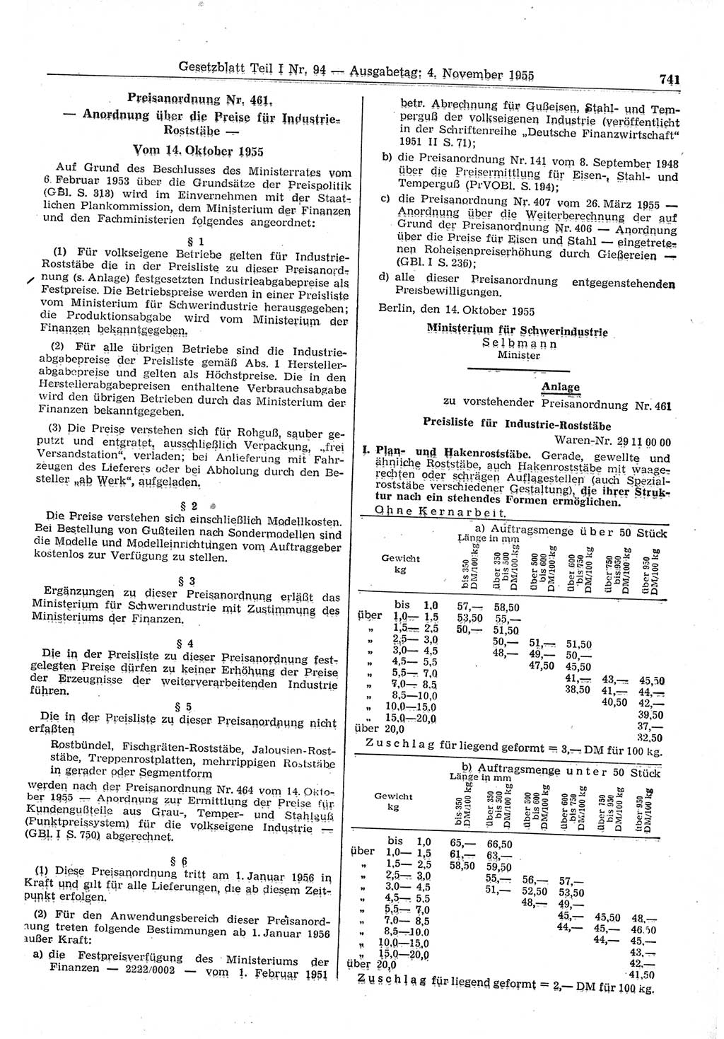 Gesetzblatt (GBl.) der Deutschen Demokratischen Republik (DDR) Teil Ⅰ 1955, Seite 741 (GBl. DDR Ⅰ 1955, S. 741)