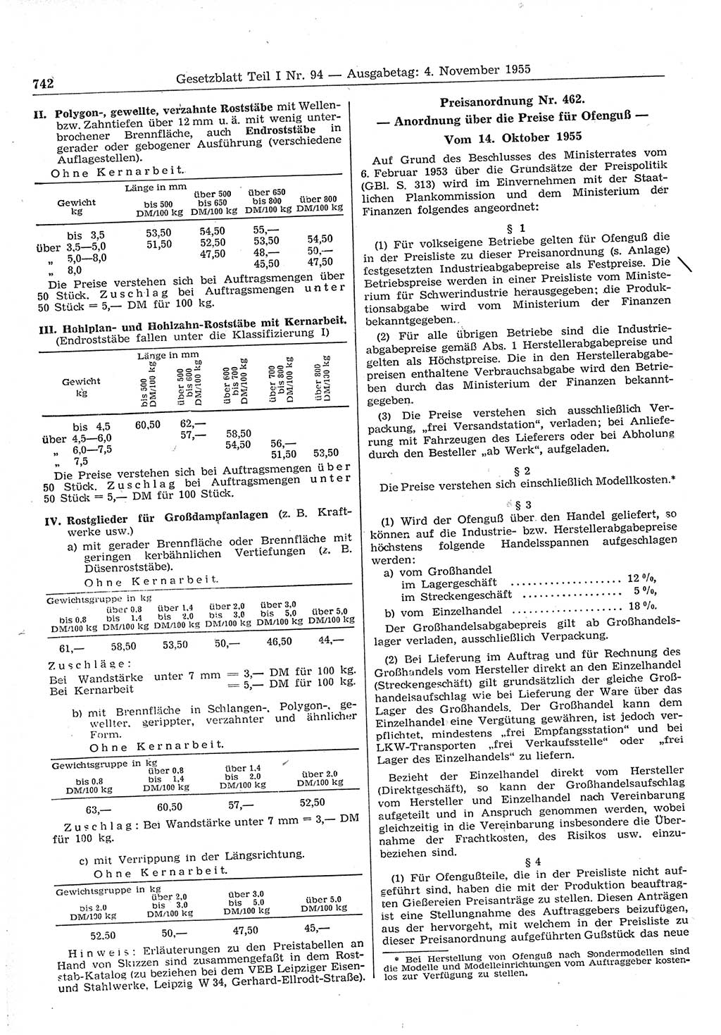 Gesetzblatt (GBl.) der Deutschen Demokratischen Republik (DDR) Teil Ⅰ 1955, Seite 742 (GBl. DDR Ⅰ 1955, S. 742)