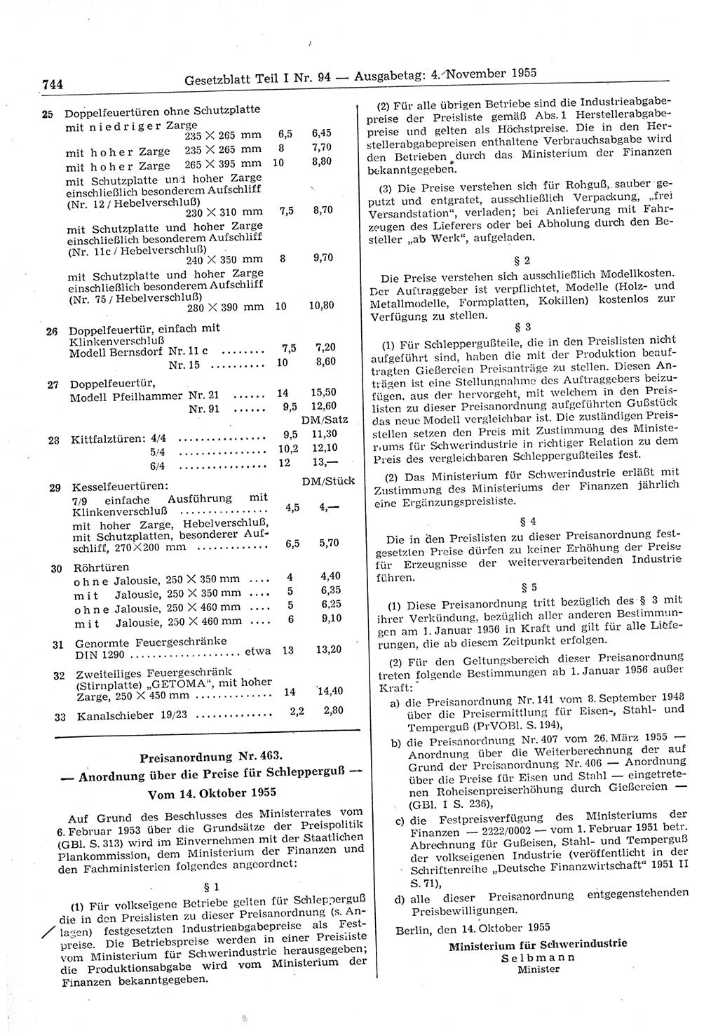Gesetzblatt (GBl.) der Deutschen Demokratischen Republik (DDR) Teil Ⅰ 1955, Seite 744 (GBl. DDR Ⅰ 1955, S. 744)