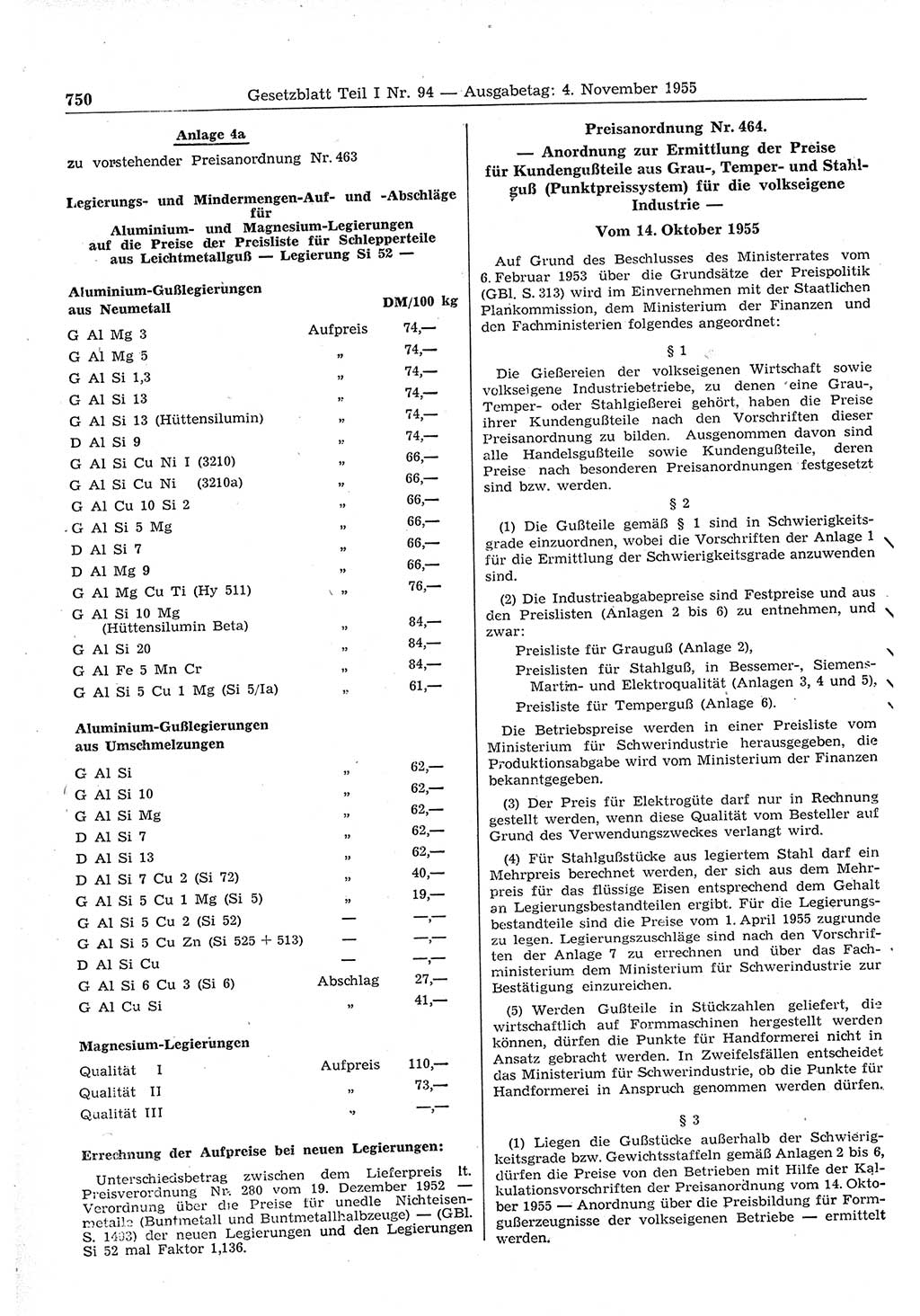 Gesetzblatt (GBl.) der Deutschen Demokratischen Republik (DDR) Teil Ⅰ 1955, Seite 750 (GBl. DDR Ⅰ 1955, S. 750)