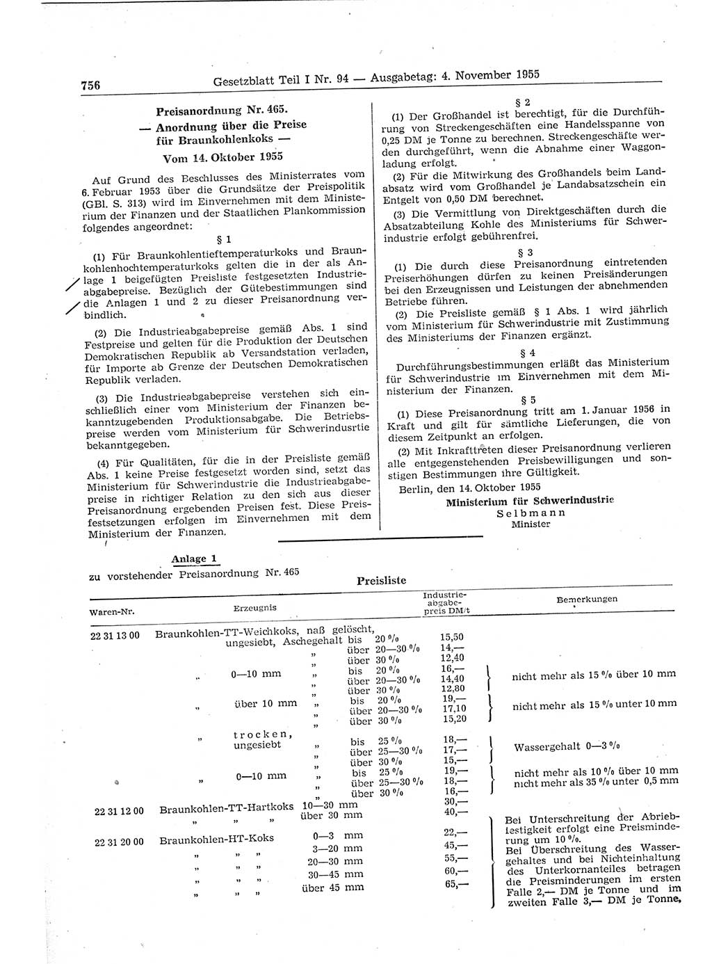 Gesetzblatt (GBl.) der Deutschen Demokratischen Republik (DDR) Teil Ⅰ 1955, Seite 756 (GBl. DDR Ⅰ 1955, S. 756)