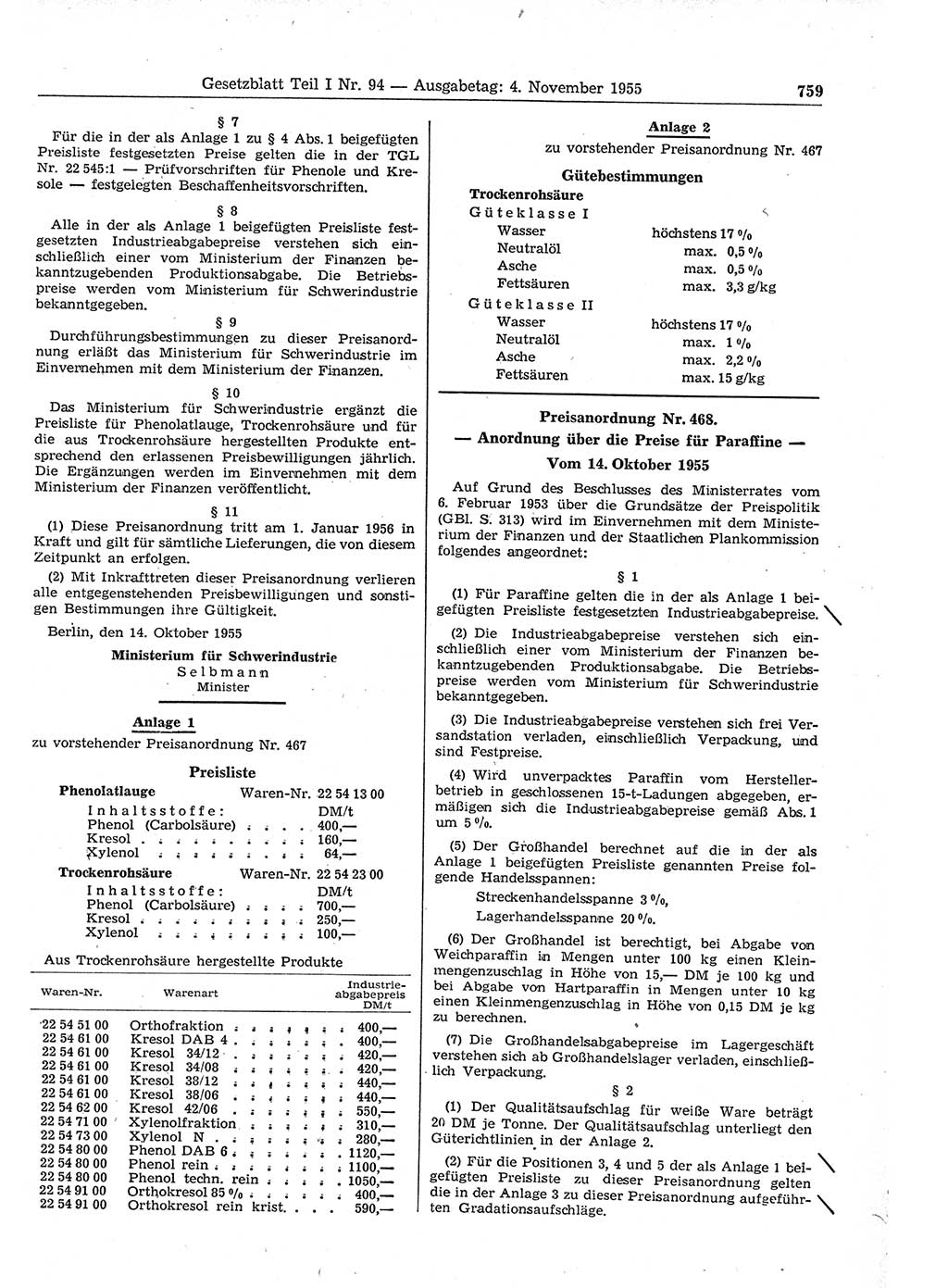 Gesetzblatt (GBl.) der Deutschen Demokratischen Republik (DDR) Teil Ⅰ 1955, Seite 759 (GBl. DDR Ⅰ 1955, S. 759)