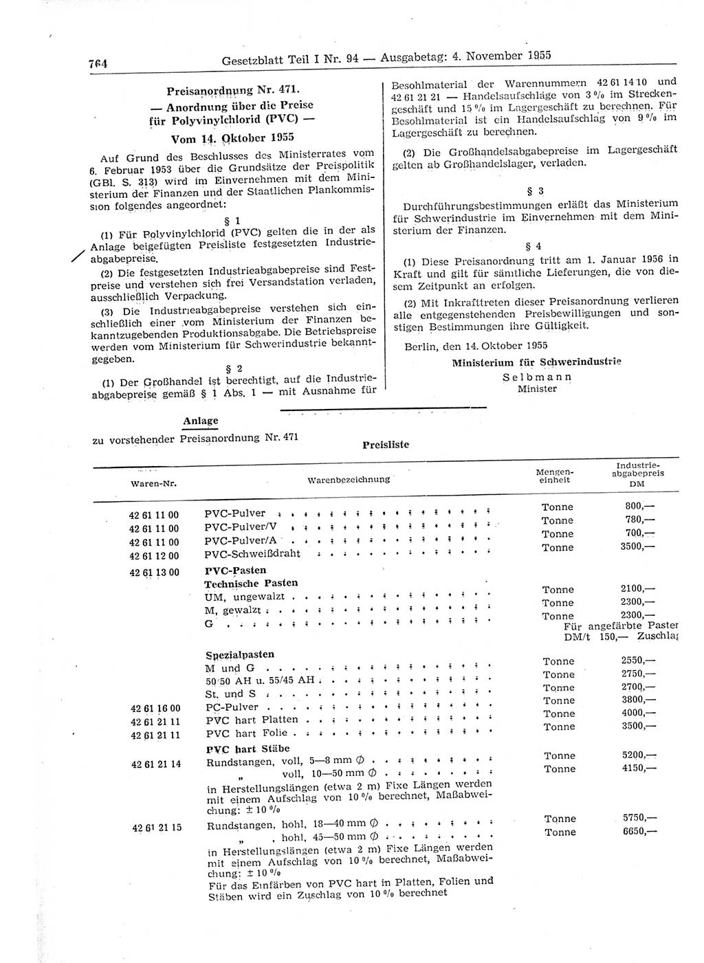 Gesetzblatt (GBl.) der Deutschen Demokratischen Republik (DDR) Teil Ⅰ 1955, Seite 764 (GBl. DDR Ⅰ 1955, S. 764)