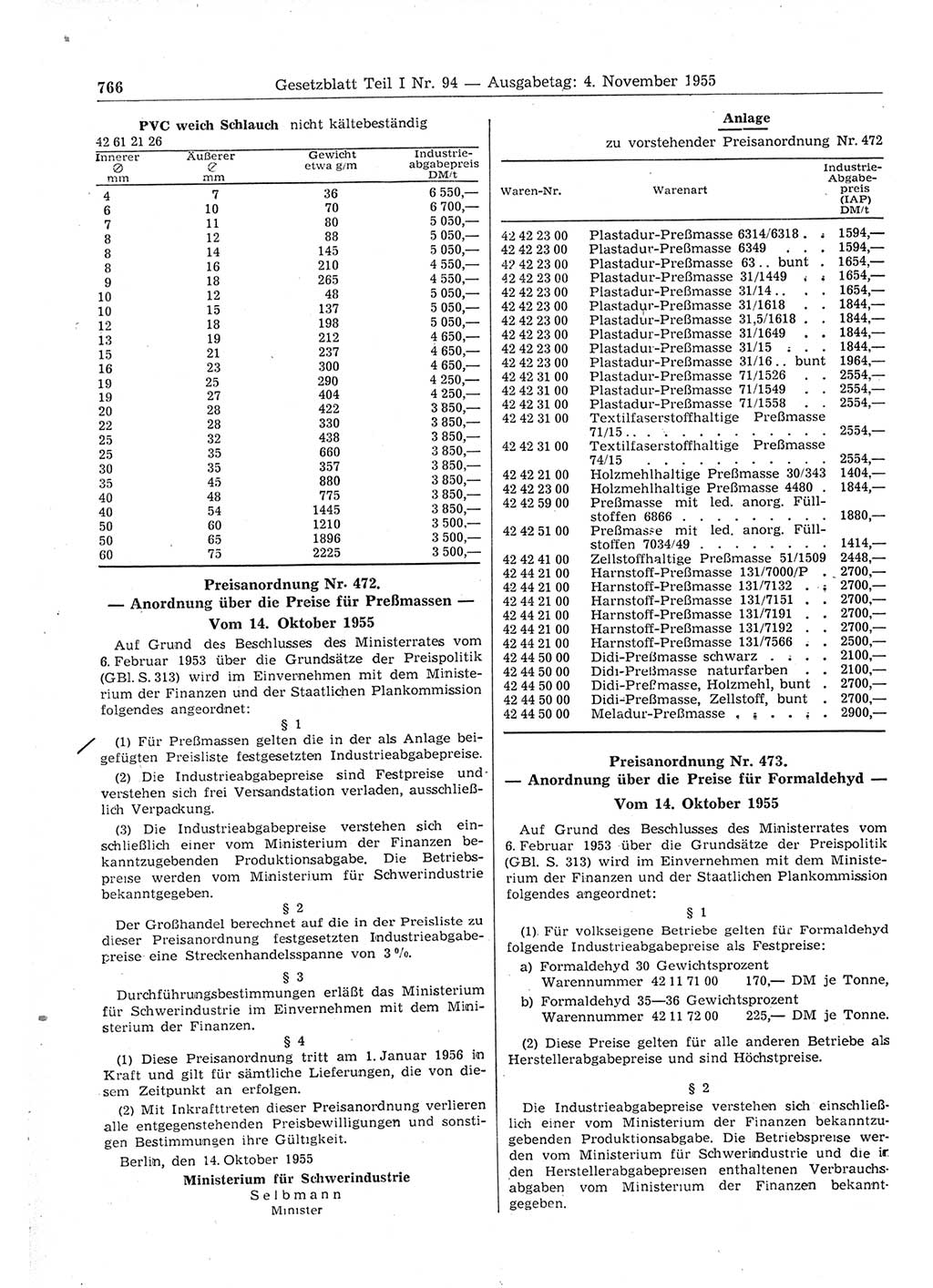 Gesetzblatt (GBl.) der Deutschen Demokratischen Republik (DDR) Teil Ⅰ 1955, Seite 766 (GBl. DDR Ⅰ 1955, S. 766)