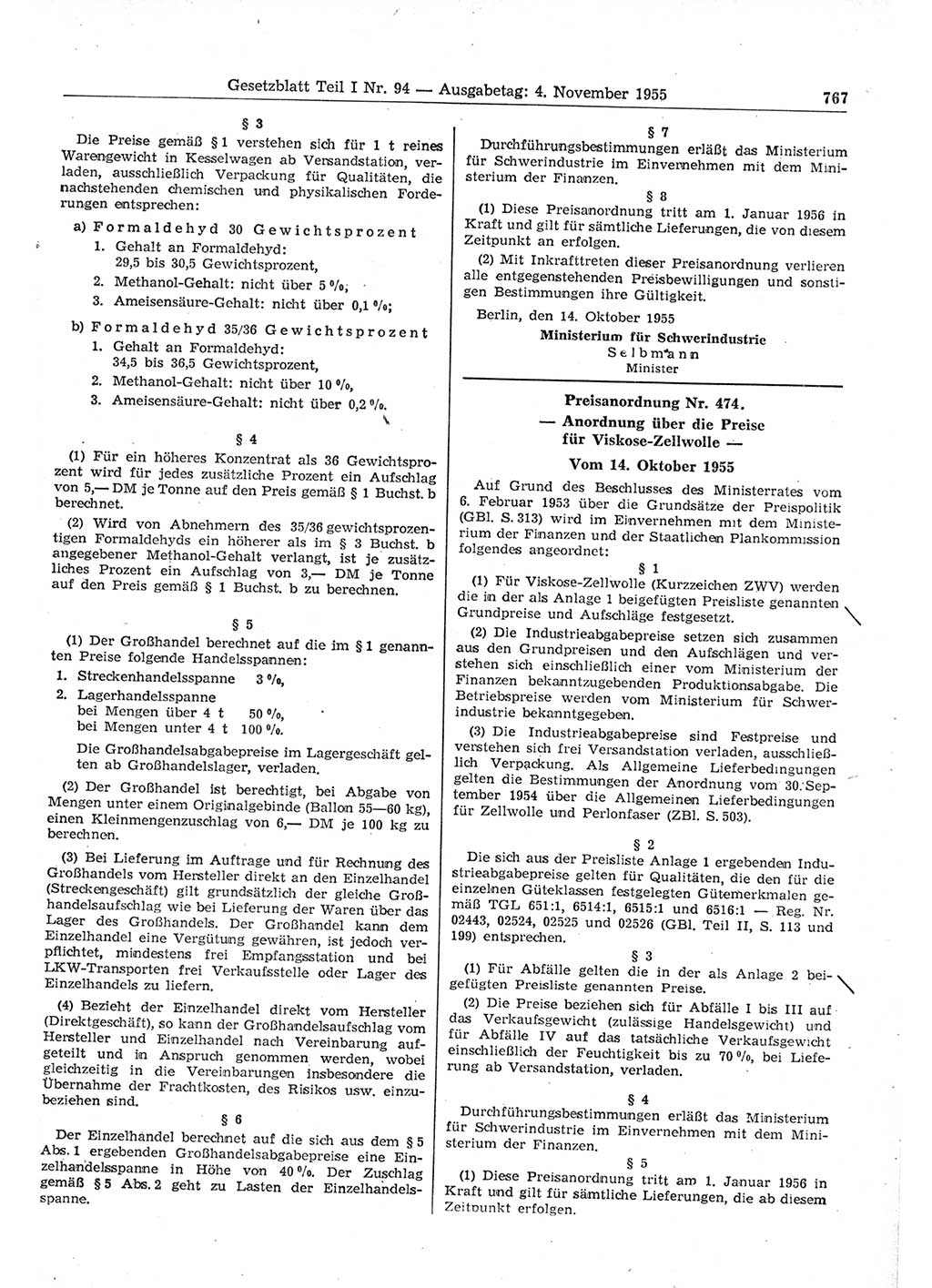 Gesetzblatt (GBl.) der Deutschen Demokratischen Republik (DDR) Teil Ⅰ 1955, Seite 767 (GBl. DDR Ⅰ 1955, S. 767)