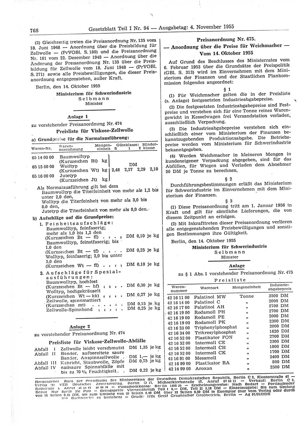 Gesetzblatt (GBl.) der Deutschen Demokratischen Republik (DDR) Teil Ⅰ 1955, Seite 768 (GBl. DDR Ⅰ 1955, S. 768)
