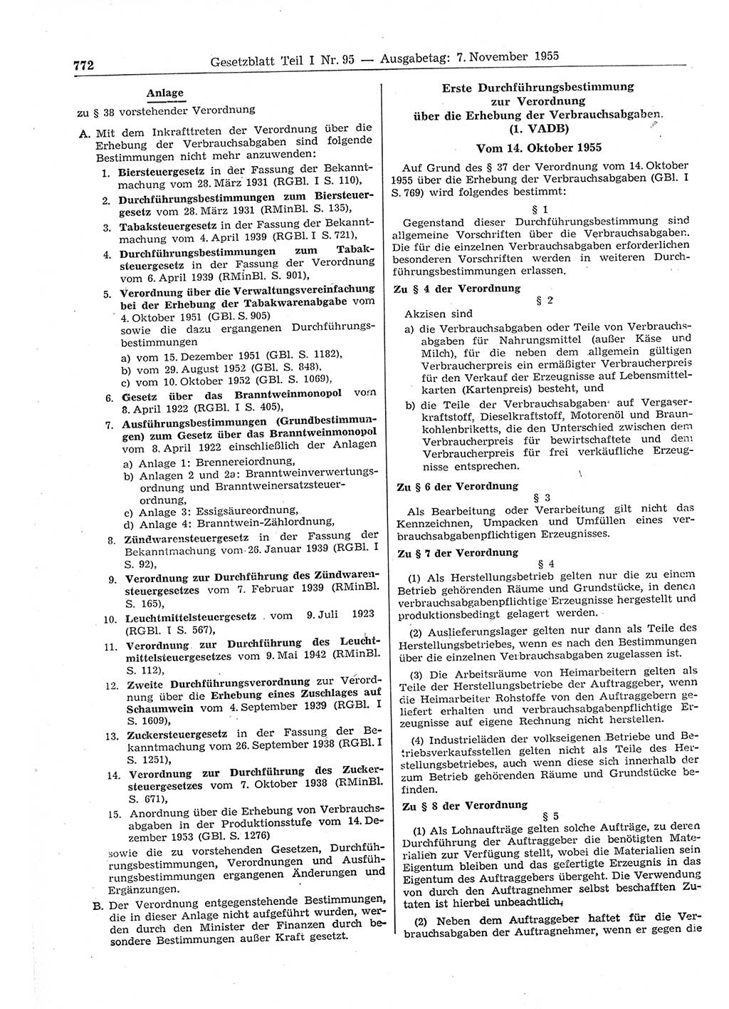 Gesetzblatt (GBl.) der Deutschen Demokratischen Republik (DDR) Teil Ⅰ 1955, Seite 772 (GBl. DDR Ⅰ 1955, S. 772)
